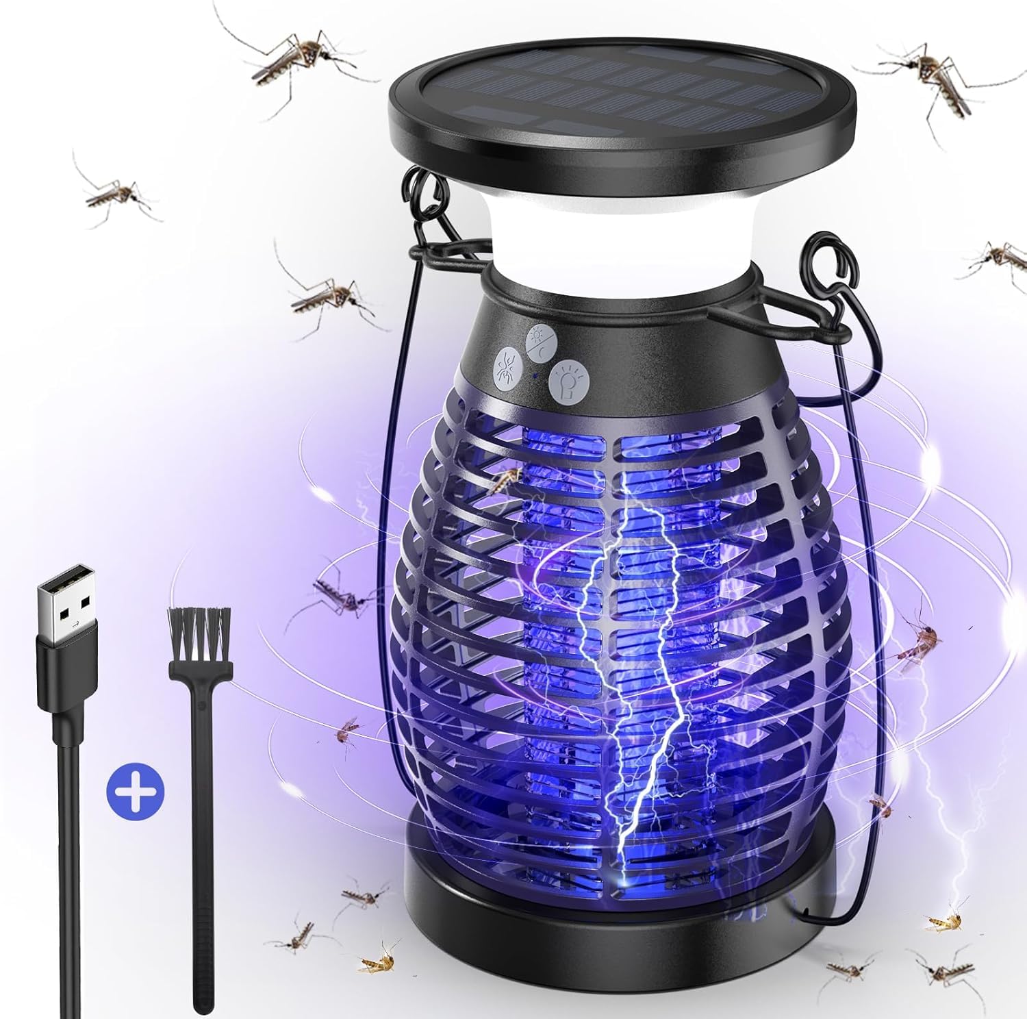 Solar Bug Zapper, Insect Pest Fly Killer, UV Mosquito Killer Lamp for Indoor and Outdoor, 4200V Electric Fly Zapper, USB Charging Cable & Solar, Fly Zapper for Garden, Patio, Camping