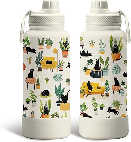 Miniatura 23 de Regalos de gatos para los amantes de los gatos, botella de agua aislada de 34 onzas, botella deportiva de acero inoxidable con tapa de boquilla, sin
