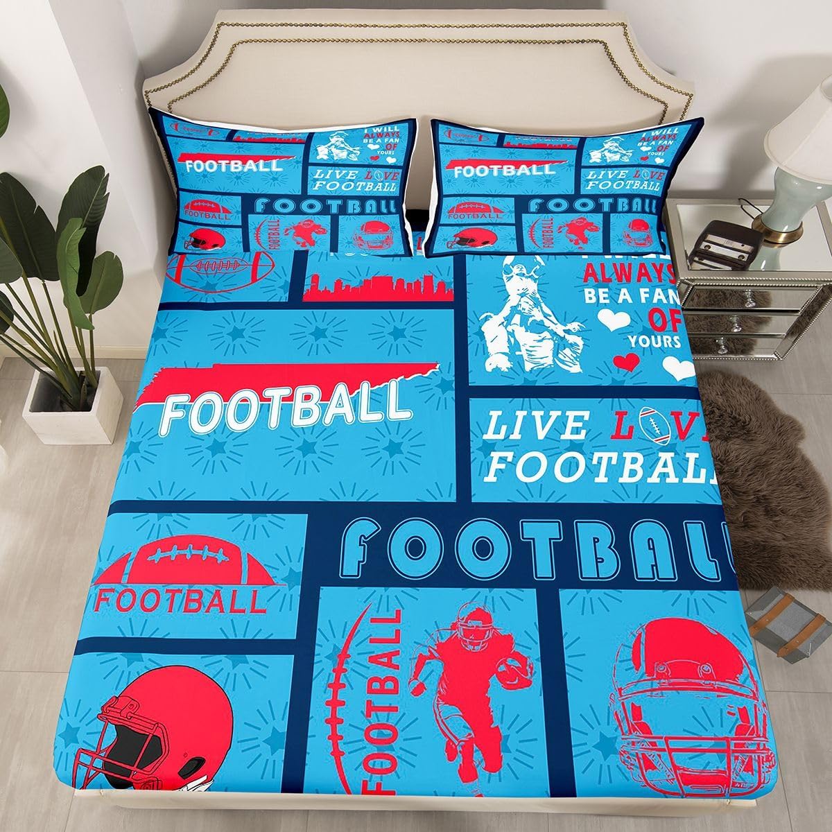 Erosebridal Football Sheet Set Full Size Soccer Games Bed Sheets Football Fans Flat Fitted Sheet for Kids Boys Teens Adult Bedroom Sports City Silhouette Bedding Sets,Light Blue
