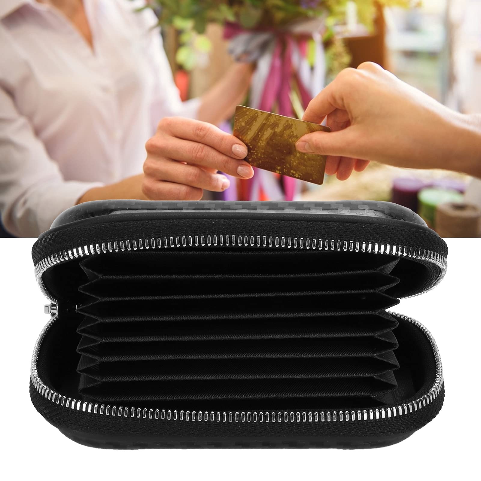 Portfel na zamek błyskawiczny z włókna węglowego wielofunkcyjna torba na dowód osobisty na karty kredytowe 13 x 8 x 3,5 cm, Czarny, #711, Casual