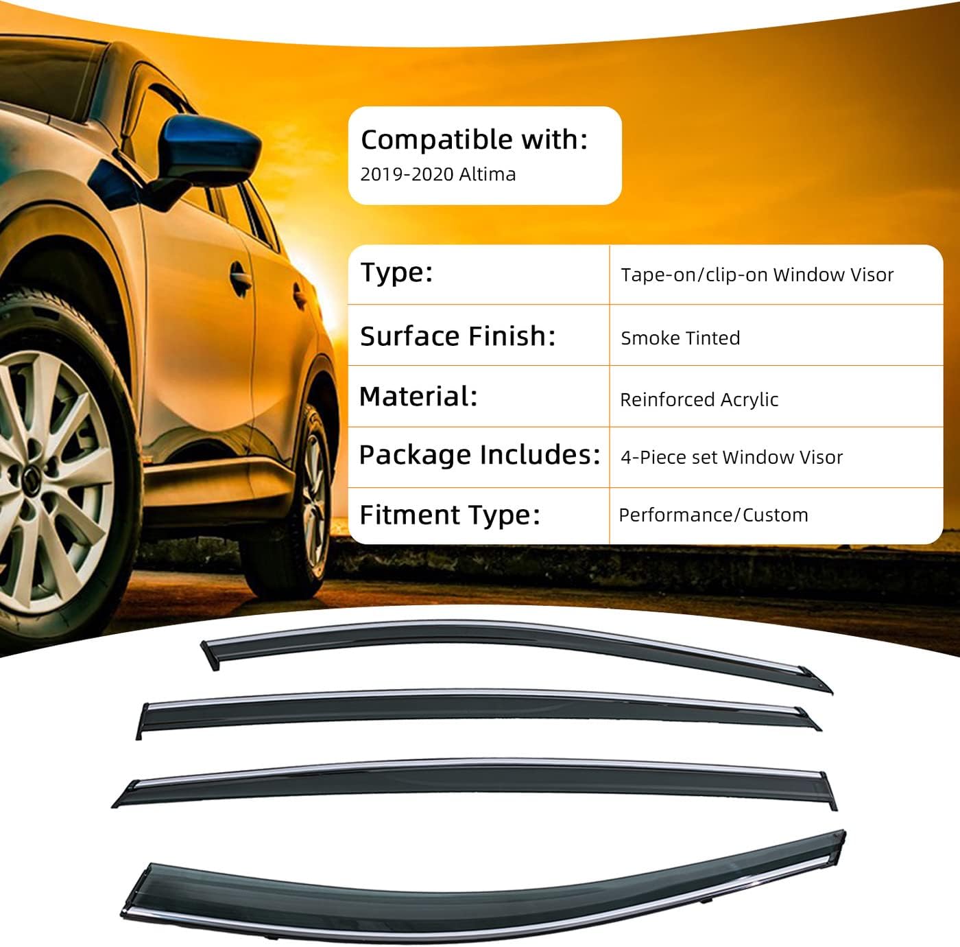 DEAL 4-Piece Set Outside Mount Tape On/Clip On Type Smoke Tinted Sun/Rain Guard Vent Window Visors With Chrome Trim Compatible With 2019-2022 Altima
