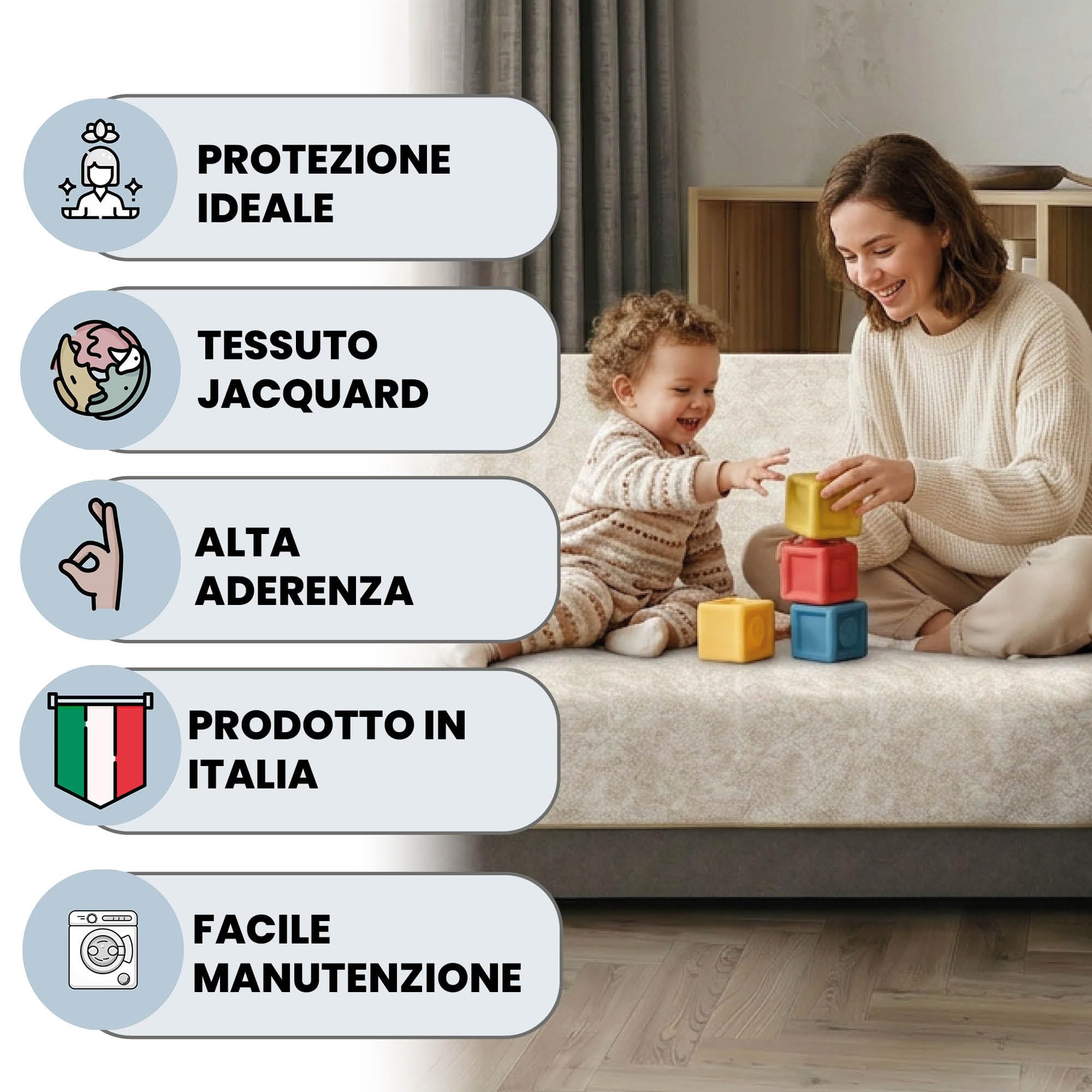 Copridivano GLAMOUR Penisola DESTRA Made in Italy – Salvadivano con Fondo in Gomma Antiscivolo e Braccioli, Seduta 190 cm, Proteggi Divano Artigianale Lavabile in Tinta Unita – PANNA
