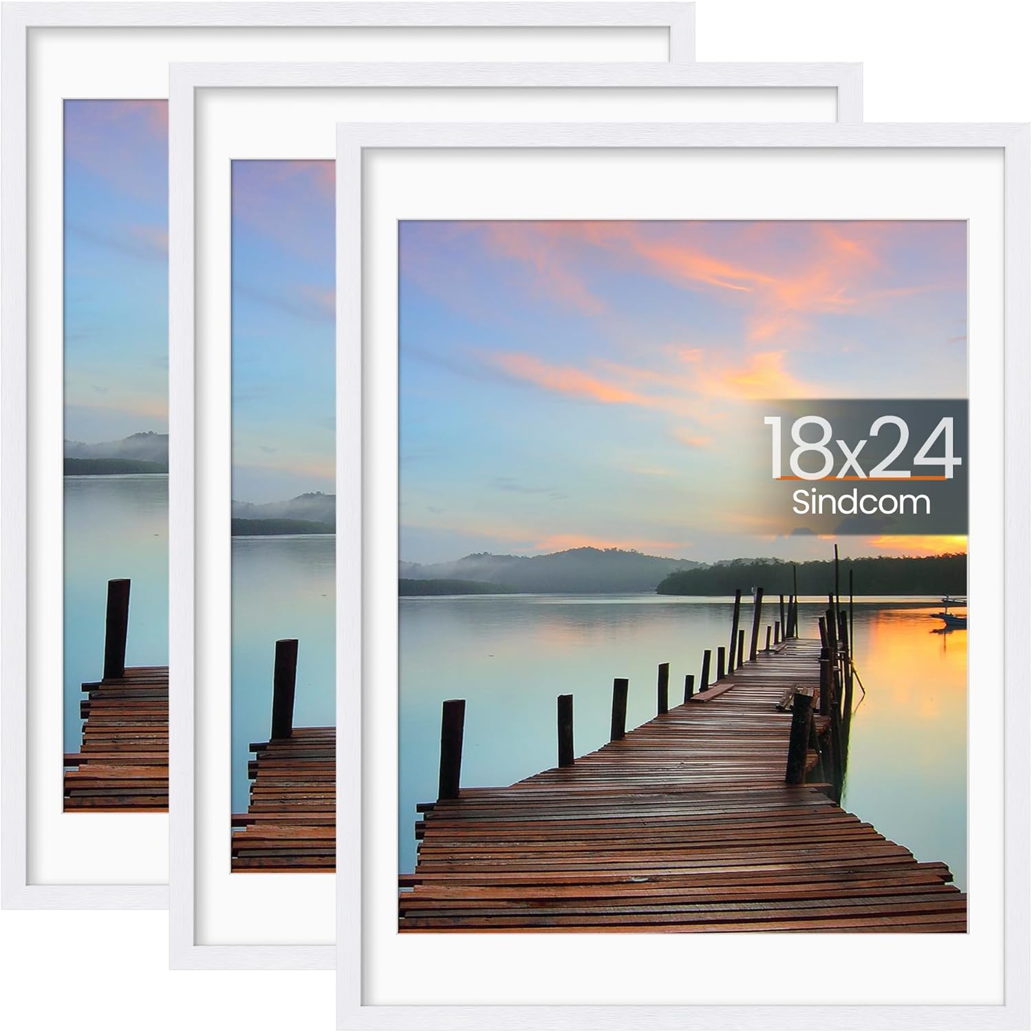 Sindcom 18x24 Poster Frame 3 Pack, Picture Frames with Detachable Mat for 16x20 Prints, Horizontal and Vertical Hanging Hooks for Wall Mounting, White Photo Frame for Gallery Home Décor White 18x24