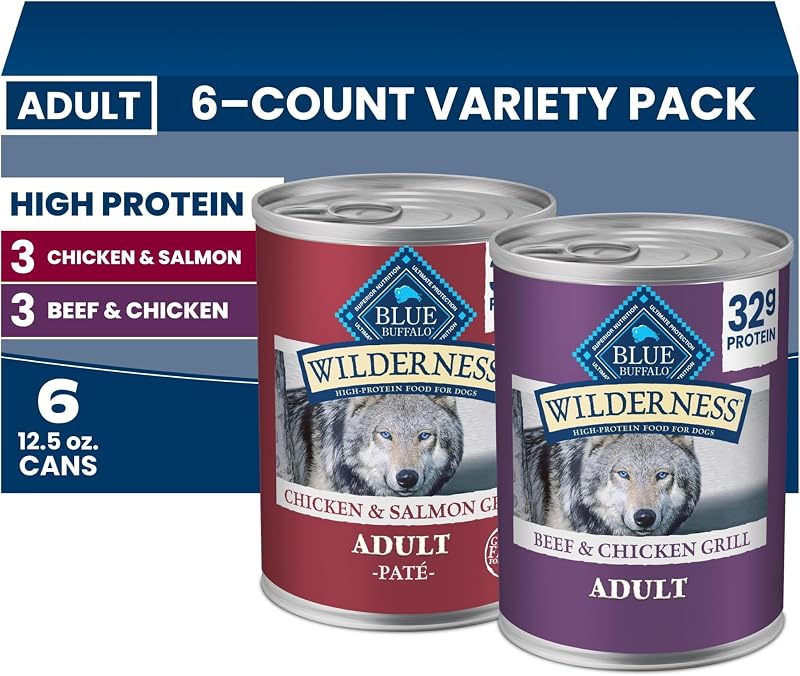 Paquete variado Blue Buffalo Wilderness Alimento húmedo para perros adultos, 12.5 oz, 6 unidades | Parrilla de carne y pollo y parrilla de pollo y salmón (3 de cada una), recetas altas en proteínas y sin cereales, ingredientes naturales