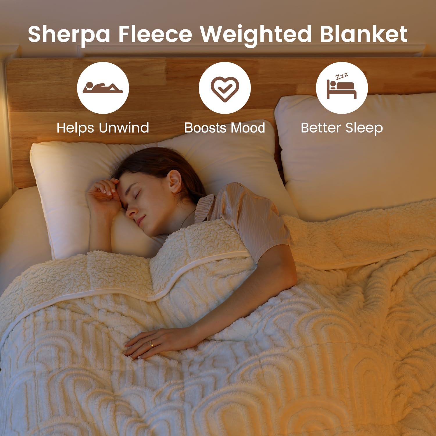 Sherpa Fleece Adult Weighted Blanket Great for Sleep, 15 lbs Dual Sided Soft Fuzzy Heavy Blankets for Couch Bed Sofa, Cozy Warm Arched Jacquard Throw for Winter (Cream White, 48" x 72", 15 Pounds)