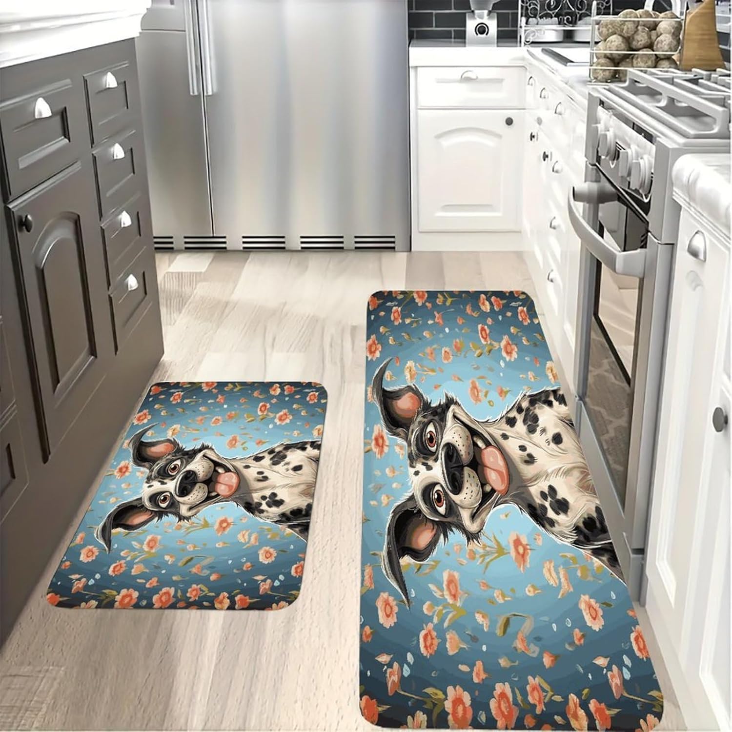 Fun Dogs Kitchen Mats with 2PCS Non-Slip Washable,Kitchen Rug Heavy Duty Durable, Floor Mats for Kitchen,Office,Sink,Laundry