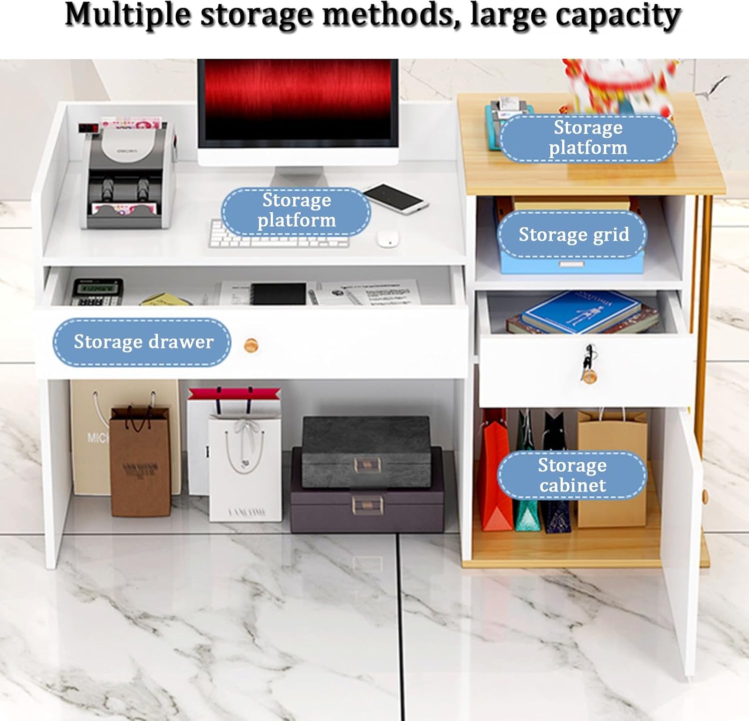 YVYKFZD Reception Desk with Counter, L Shape Front Desk Reception, Great Space Saver Reception Counter Desk with Lockable Drawers, Office Retail Checkout Counter Table(Marble,47.2"x15.7"x35.4")