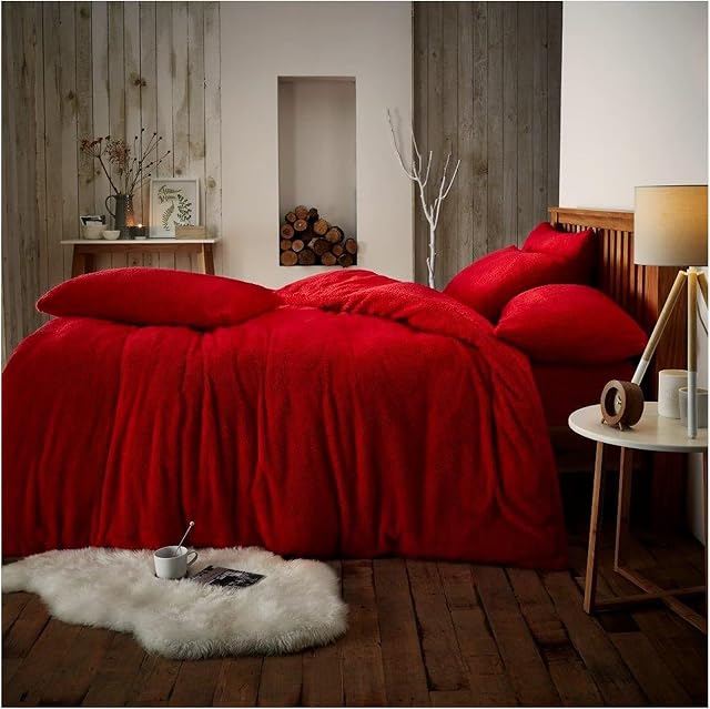 Luxury Soft Teddy Bear Fleece Duvet cover with Pillowcases, Thermal Warm Fluffy Fleece Bedding Quilt Set, Doublesize, Red