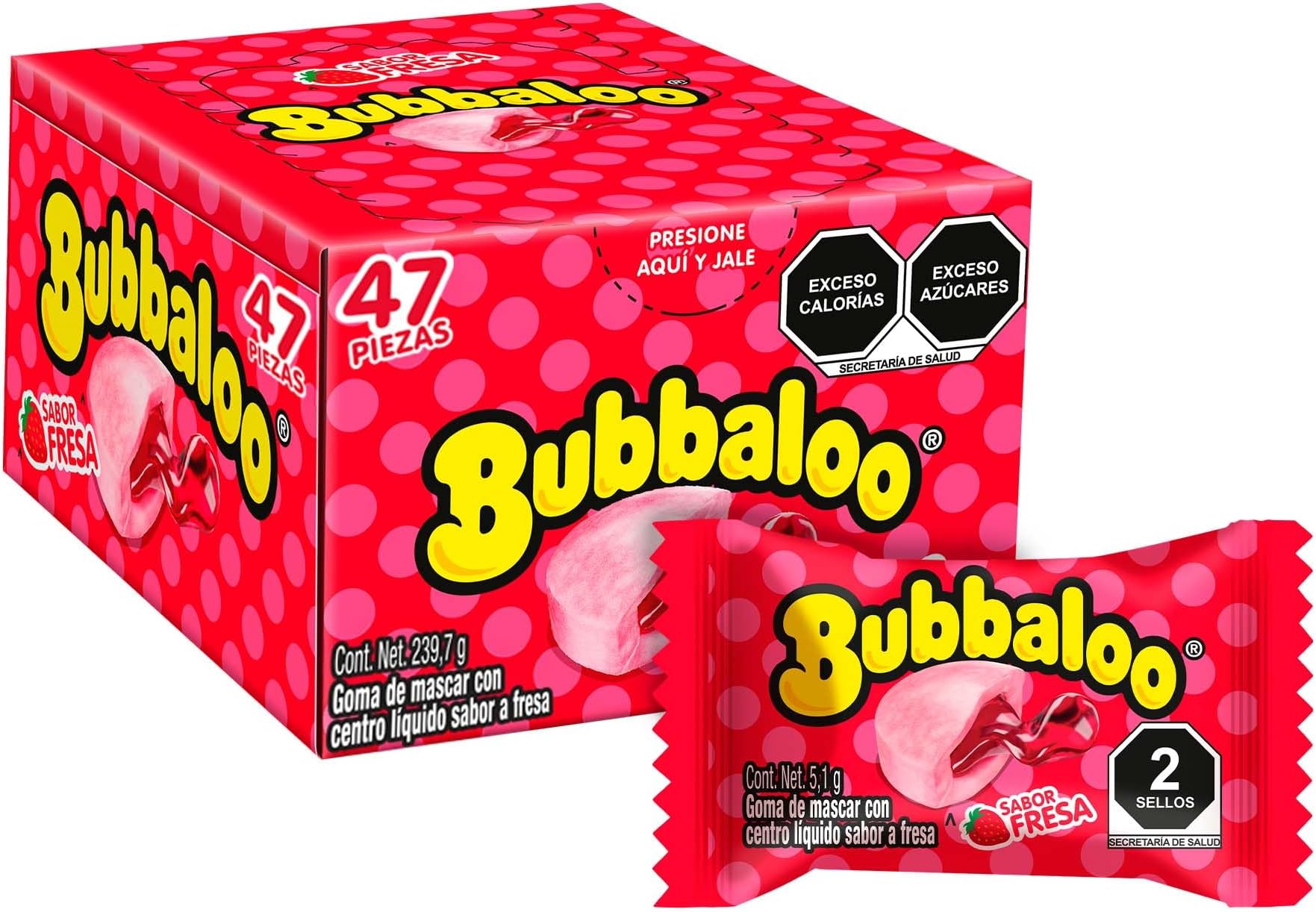 Bubbaloo Adams- goma de mascar 47 pz- sabores varios (Fresa, 47pz)