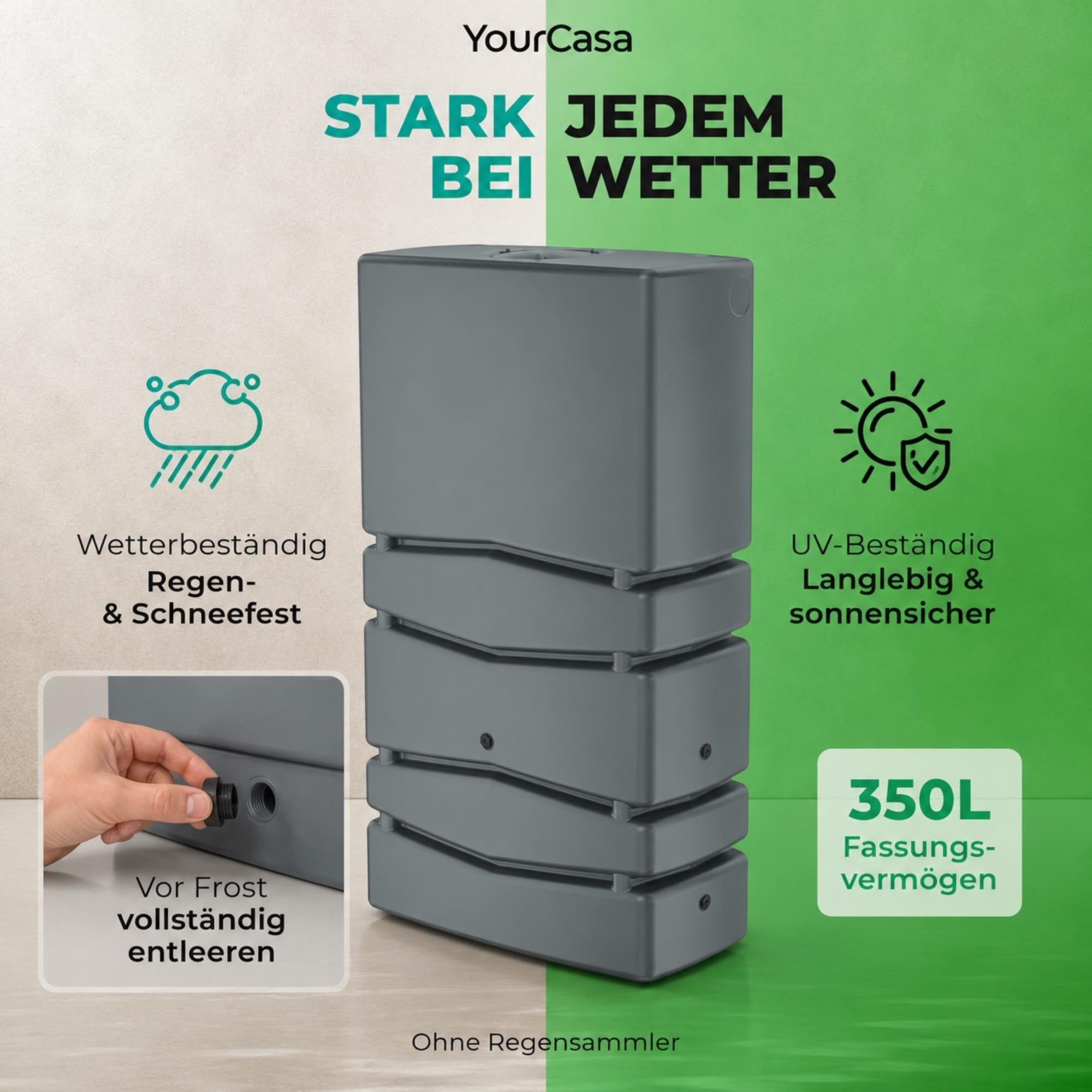 YourCasa Regentonne Eckig 350 Liter [Aqua Silo] XXL Regenfass mit Öffnung und Deckel - platzsparende Form - Frostsicher aus Kunststoff - Regenwassertonne - Regenwassertank Garten Schmal (Anthrazit)
