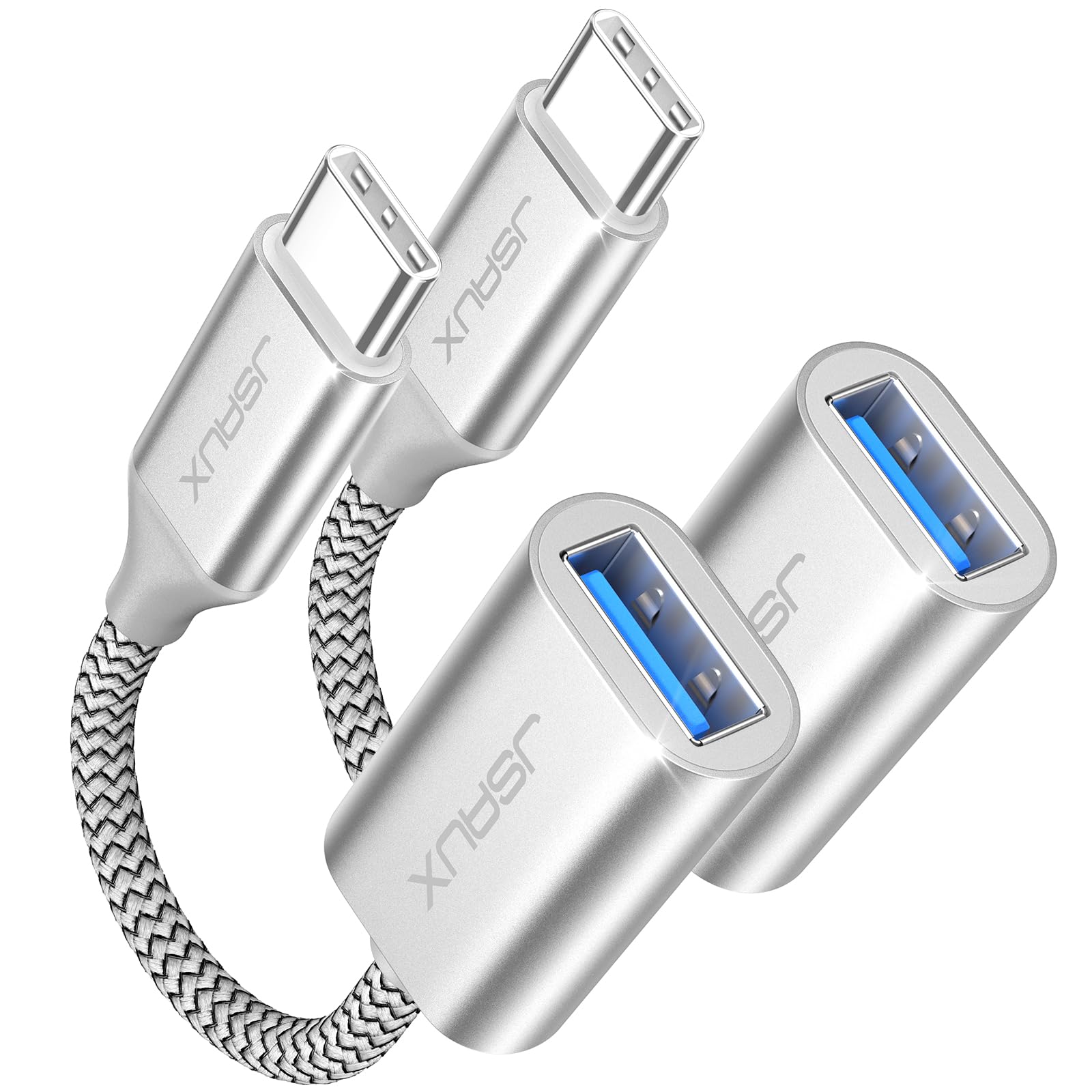 JSAUX USB C to USB 3.0 Adapter [2 Pack], USB C Male to USB Female OTG Cable Adapter Compatible with MacBook Pro/Air, iPhone 17 Pro Max/iPhone Air/16e/16/15 Series, Samsung Galaxy S25/S24/S23-Silver
