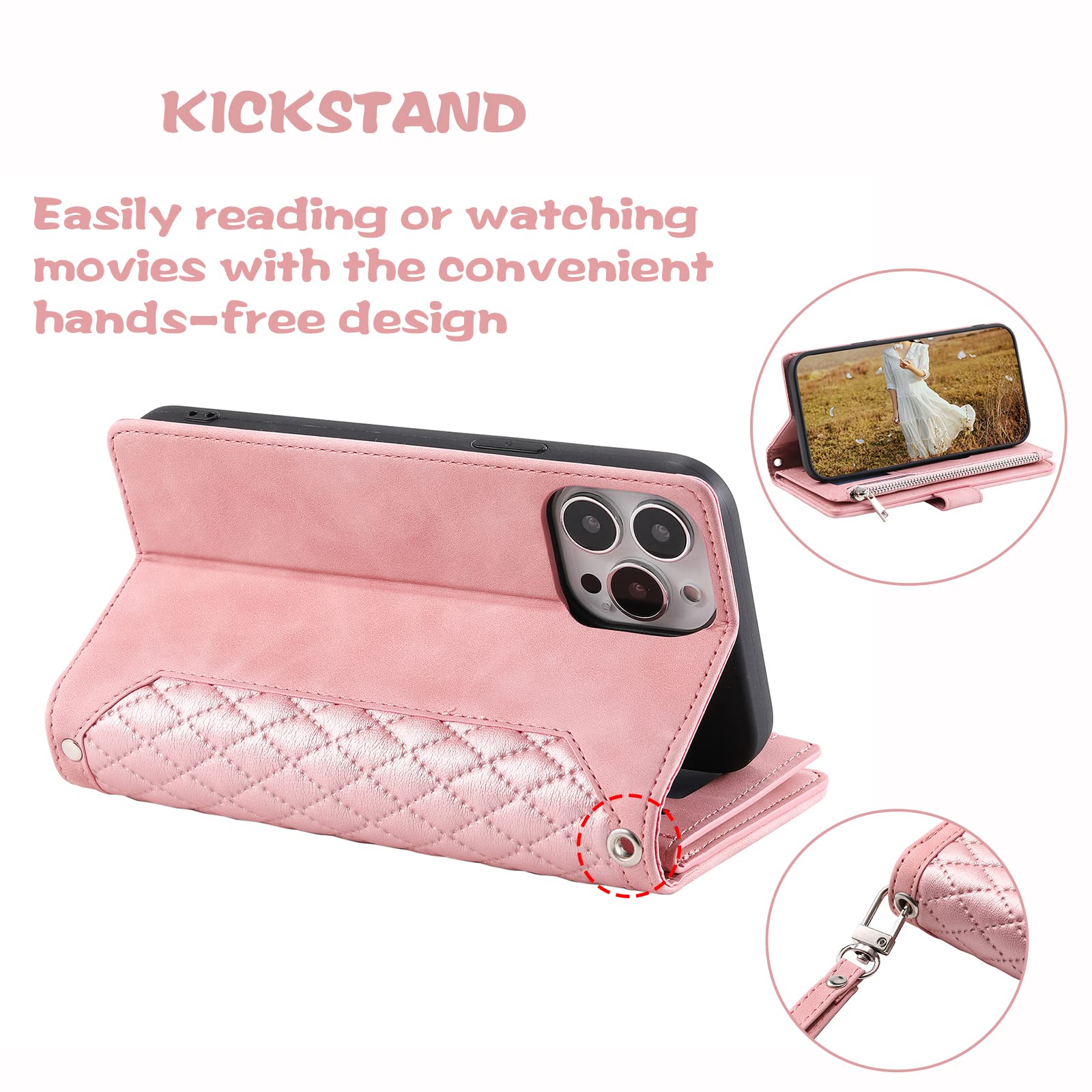 QLTYPRI Wallet Case for iPhone 16 Pro Max,Luxury Quilted PU Leather Wallet Case with Card Slots for Women,Magnetic Zipper Purse Case with Wrist Strap Kickstand Shockproof Flip Cover-Rose Gold - Image 3
