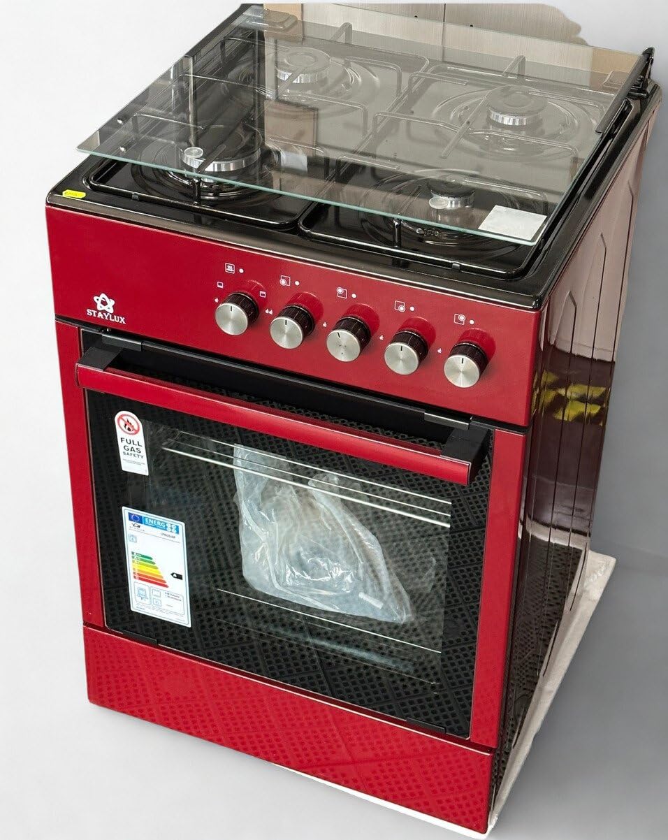 Cucina a Gas 4 Fuochi con Forno a Gas, Bordeaux, 57x57x88 cm, Accensione Manuale, Griglie Smaltate
