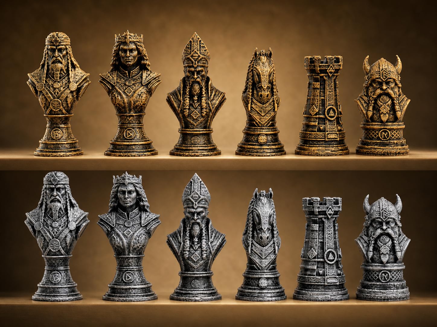 Hand-Painted Fantasy Chess Pieces Set – 32-Piece 3D Printed Medieval Viking Style Chess Figures in Antique Gold and Silver Finish – Chess Board Not Included