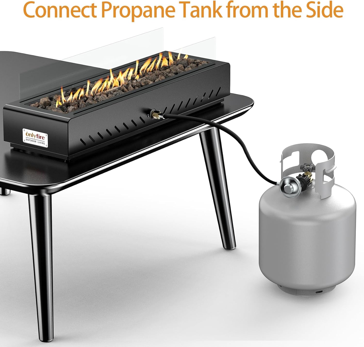 ONLYFIRE OUTDOOR LIVING 28" Tabletop Propane Gas Fire Pit Side-Mounted with Glass Wind Guard & Lava Rocks, Portable Smokeless Gas Firepit for Patio Backyard Porch Camping Tailgating RV Trip, FP043