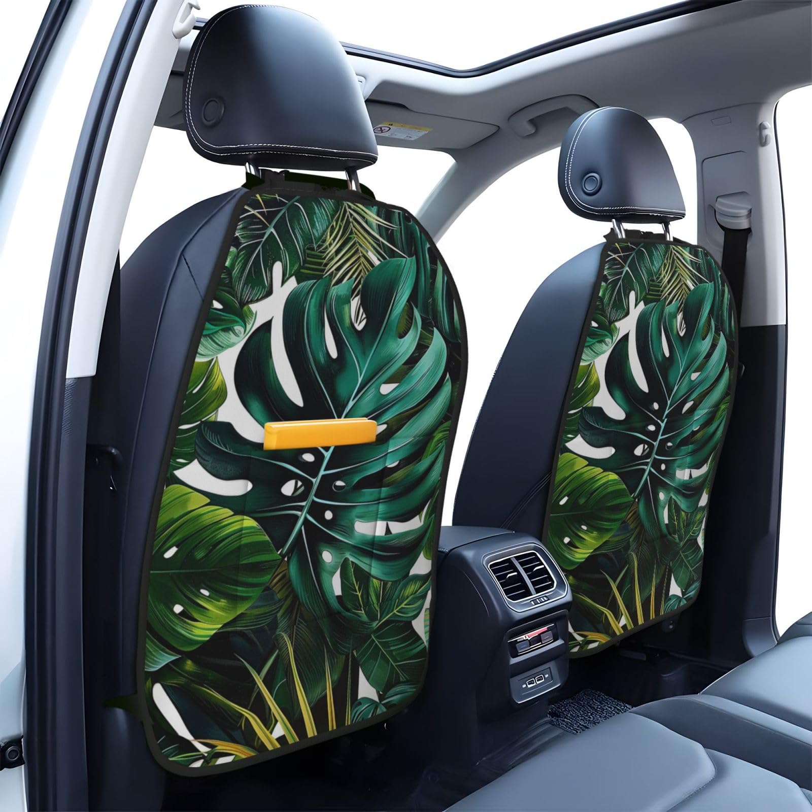 JTNWEC tropical leaves Print Car Seat Kick Mats with Organisers 2 Pack Backseat Protector Seat Covers for Your Car, SUV, or Truck