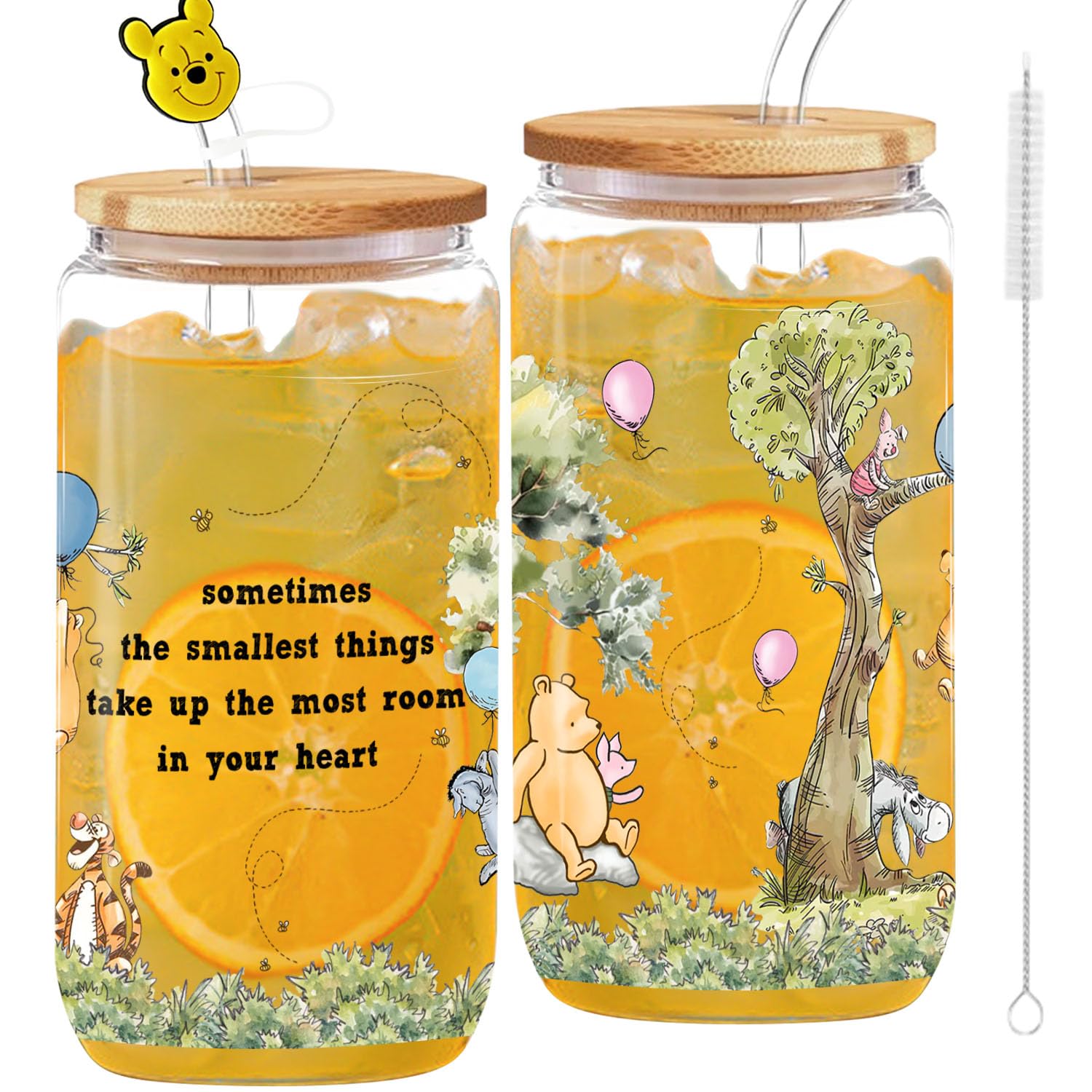 QZCYU Pooh Bear Cup 16oz Glass Cup with Lid and Straw, Winnie Lover Gifts for Christmas Birthday Boys Girls Best Friends