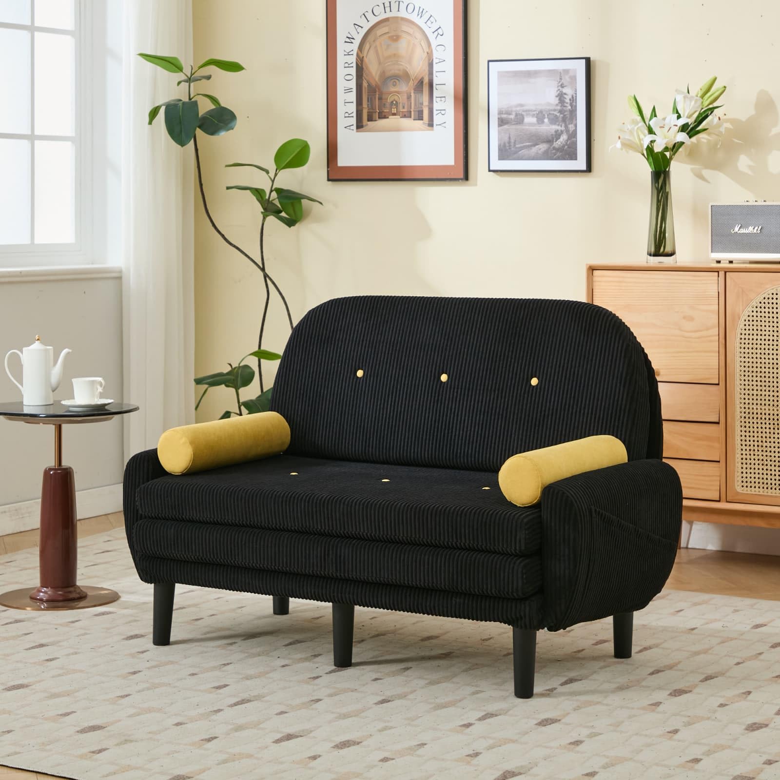 KOMHTOM Canapé Convertible 2 Places Moderne, Canapé-lit Pliable, Dossier Réglable, 2 Coussins Cylindriques, Tissu Velours Côtelé, pour Salon, Chambre à Coucher (Noir)