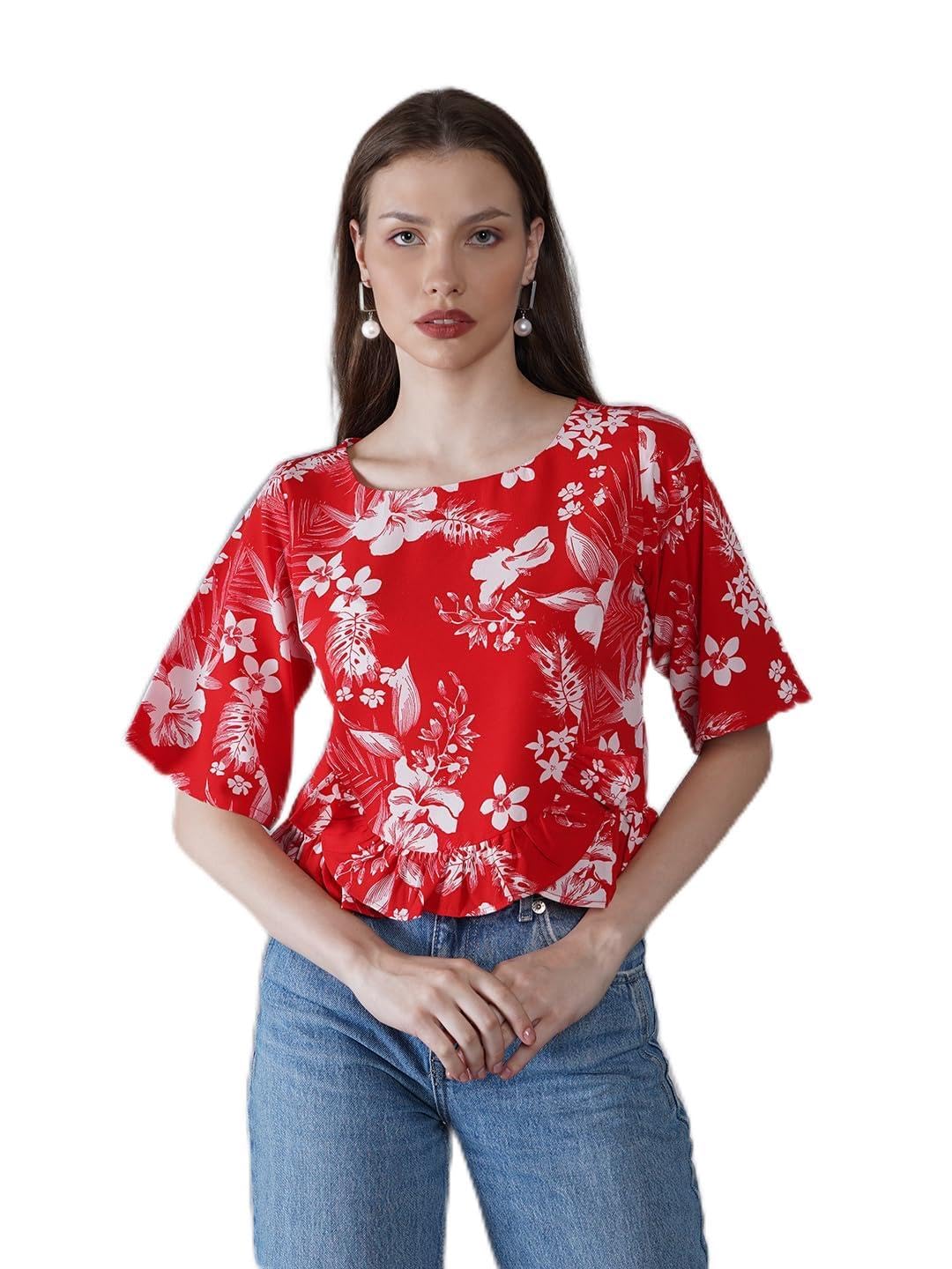 ives Women's & Girl's Casual Round Neck Floral Printed Top with Elbow Length Sleeveless - Red-picture-19