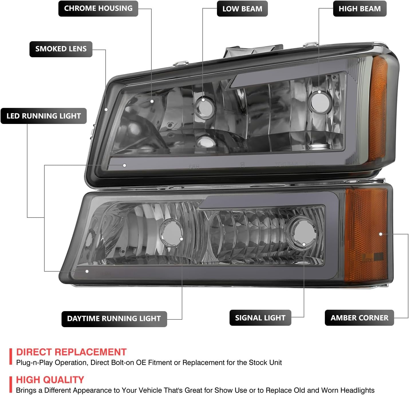 DNA MOTORING 3D LED DRL Headlight Bumper Lamp Set Compatible with 03-06 Silverado 1500-3500 1500HD 2500HD / Avalanche 1500 2500, Chrome/Smoked/Amber, HL-LB-CSIL03-SM-AM