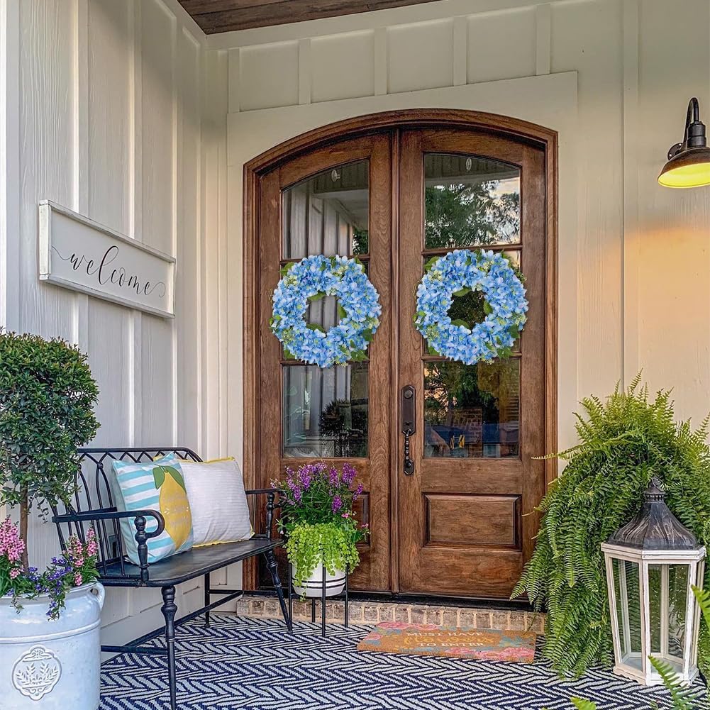 Briful Hydrangea Spring Wreaths for Front Door, 16.5'' Blue Hydrangea Artificial Door Wreaths for Home Mantle Wall Farmhouse Decor - Image 4
