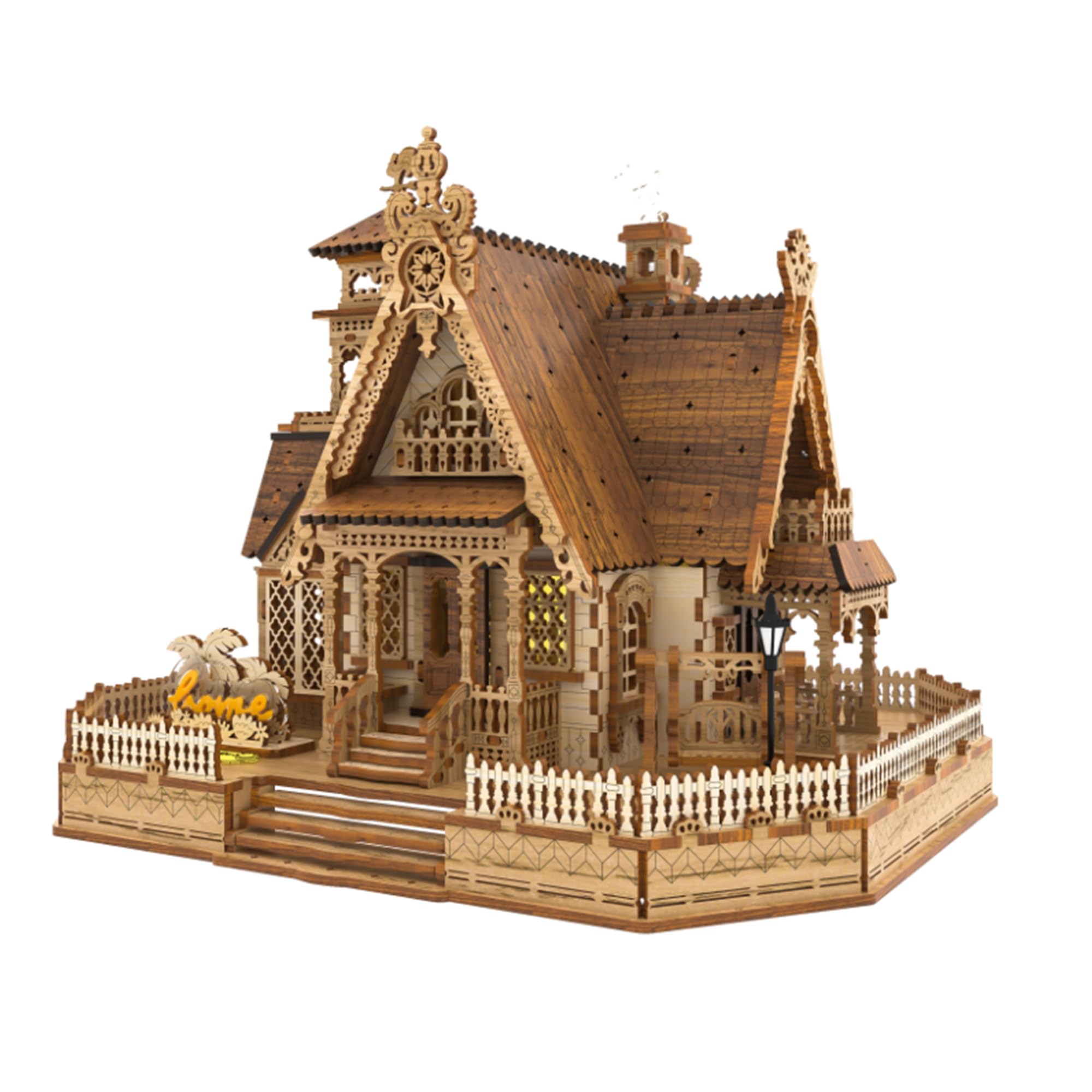 FUNPOLA LED Wooden 3D Puzzle - Country Cottage Model DIY Miniature Building Kit with LED Lights - 3D Rural Architectural Model for Home Decoration - 3D Puzzle for Adults