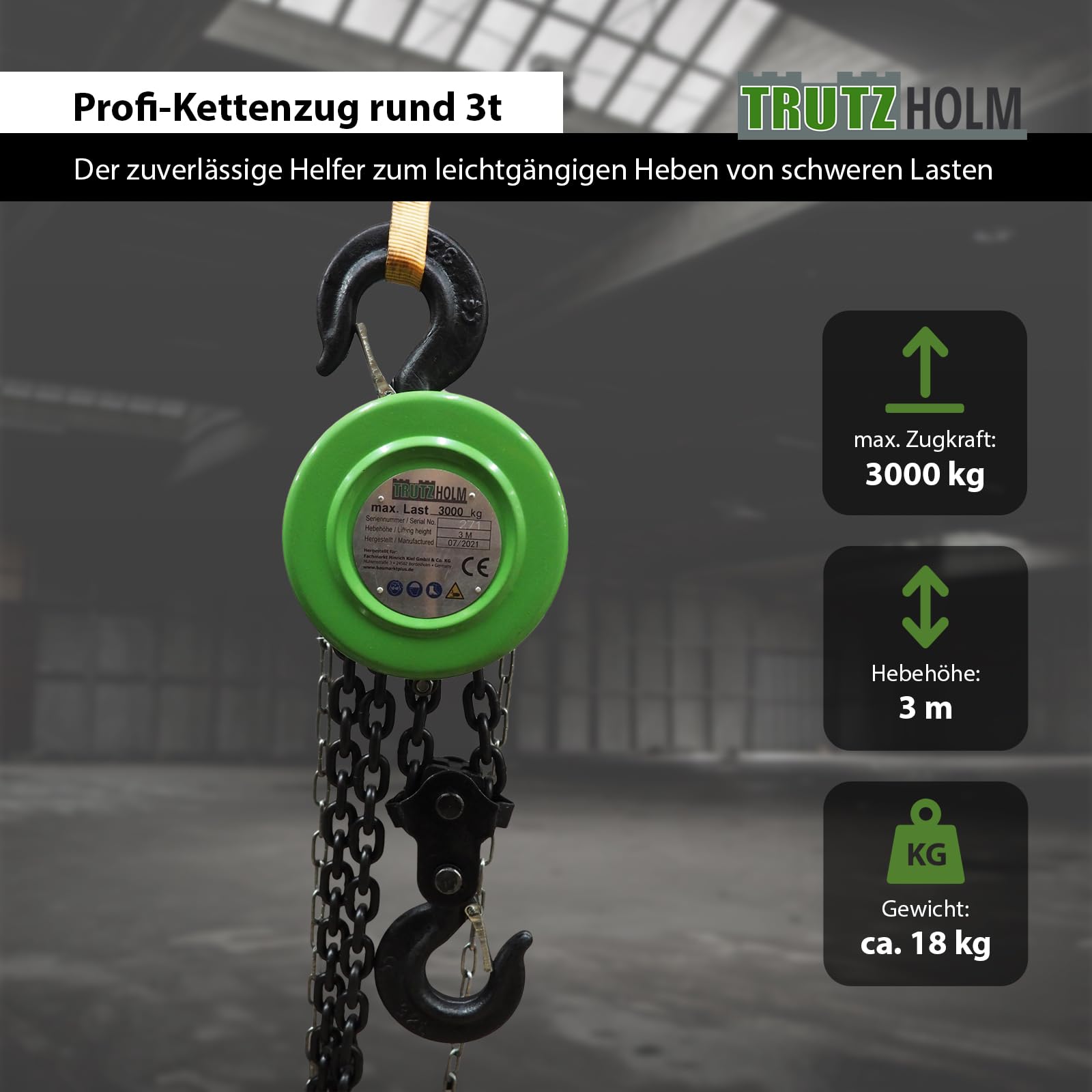 TRUTZHOLM Kettenzug mit Einfachbremse Flaschenzug Seilzug Hebezug Ratschenzug Hubhöhe - HSZ - rund (3000 kg - 3 m)