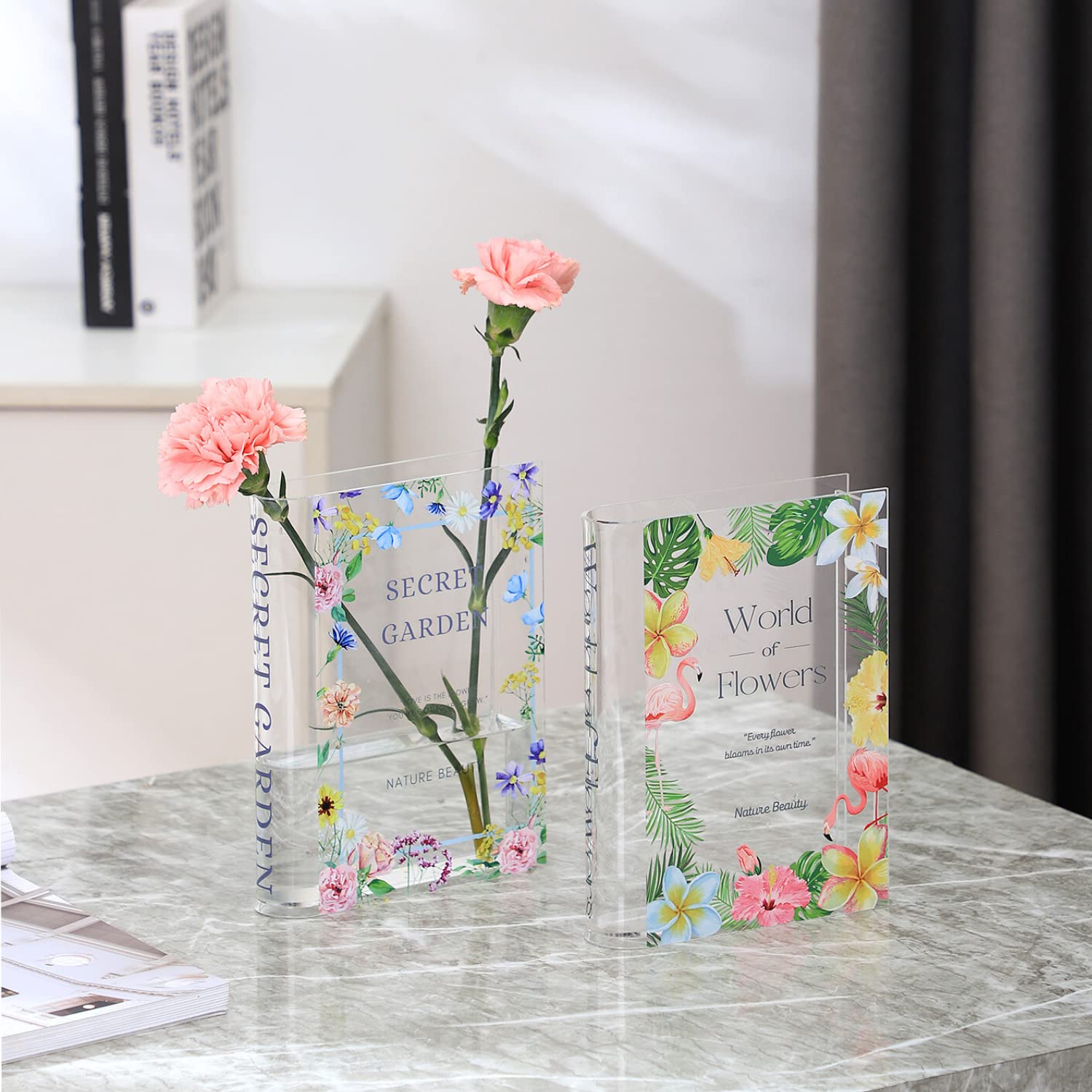 PORPAN Book Acrylic Flower-Shaped Vase, Clear Book, Modern Decor for Home Bedroom, Living Room, Office, Set of 2 - Image 3