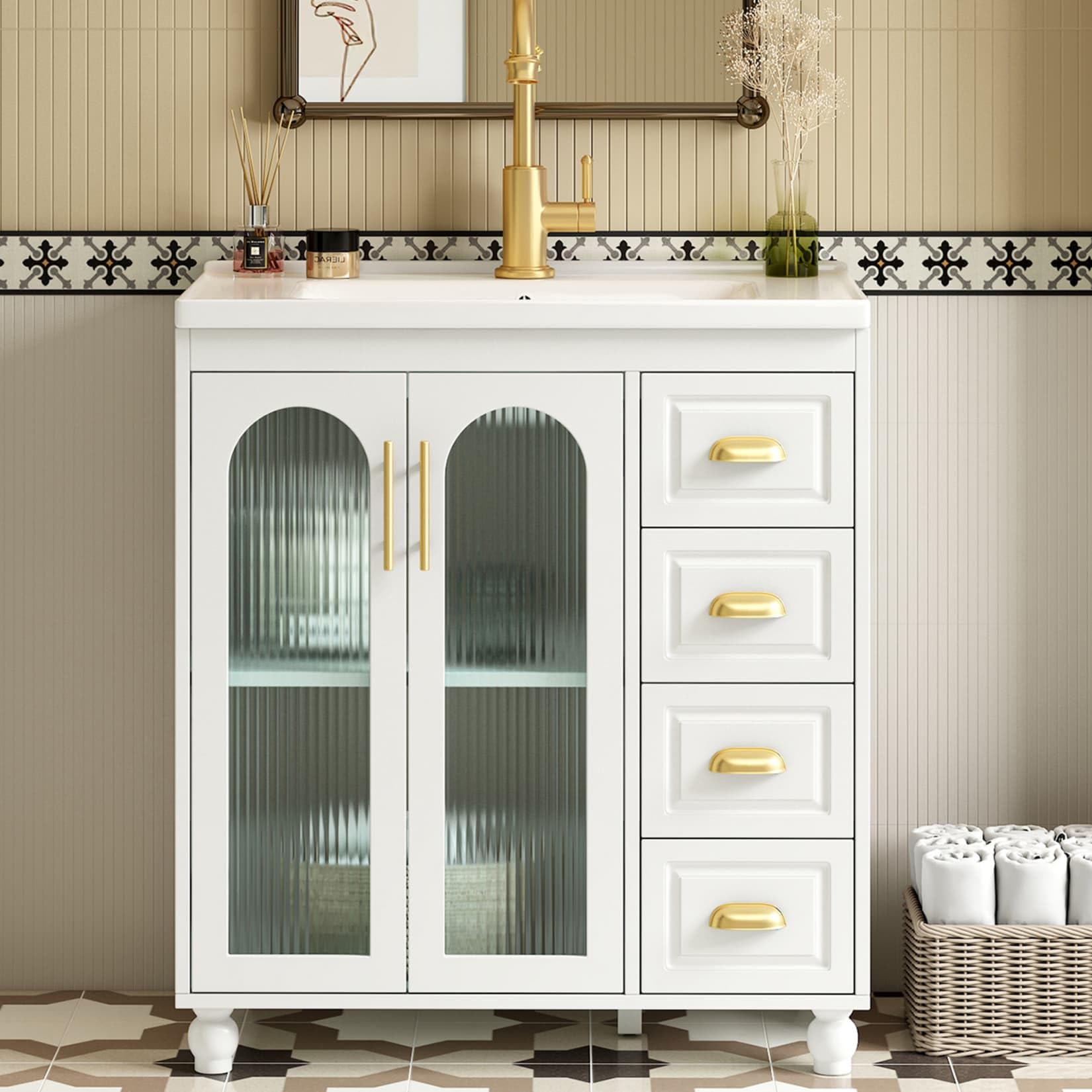 PUGSDRLY Meuble sous Lavabo,Meuble Salle de Bain avec Lavabo en Céramique,3 Tiroirs Silencieux,2 Portes Vitrées,étagère,Armoire de Rangement,Commode,80x47x90