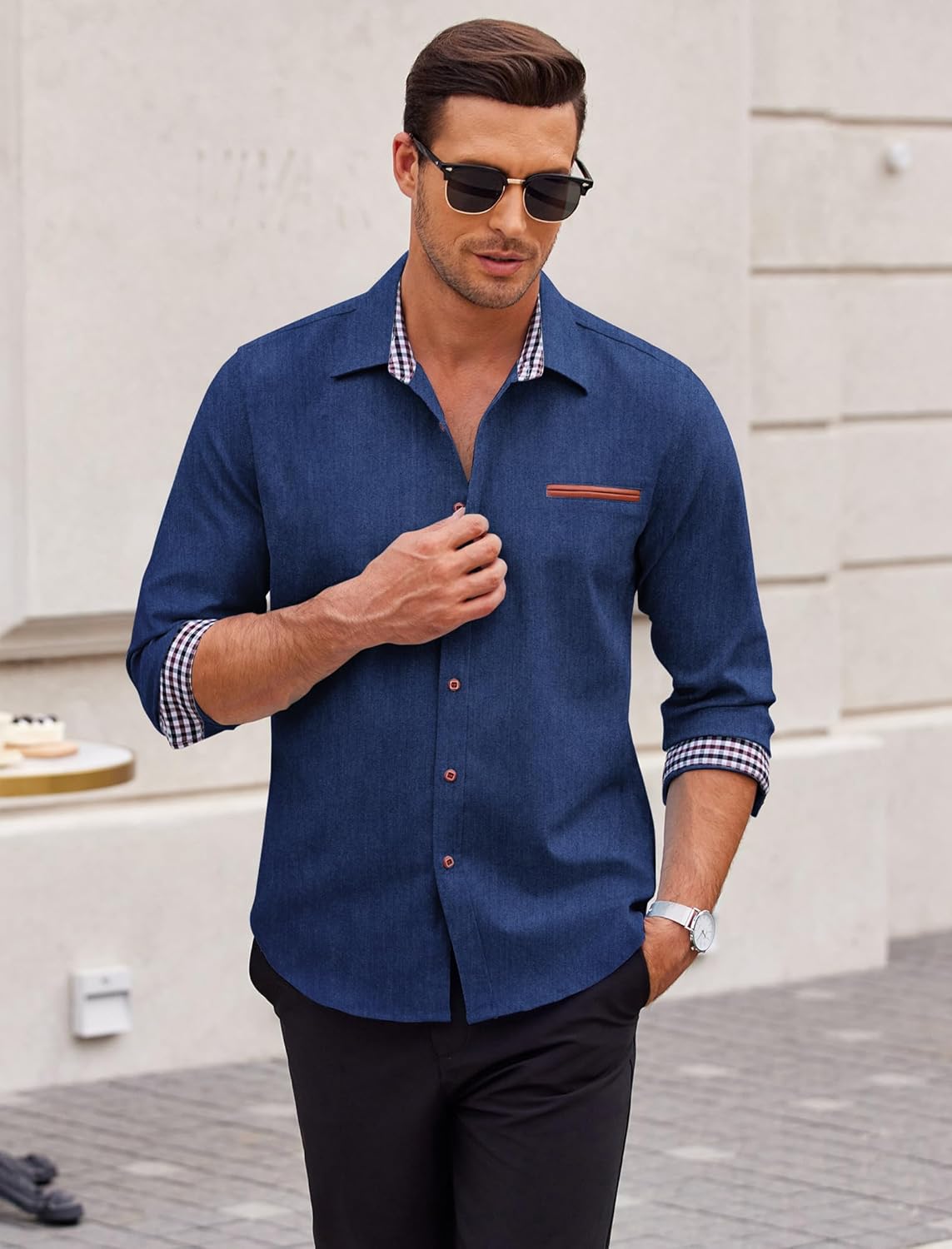 COOFANDY Men's Long Sleeve Casual Button Down Shirts Untucked Shirts Plaid Collar Vintage Denim Shirt - Image 3