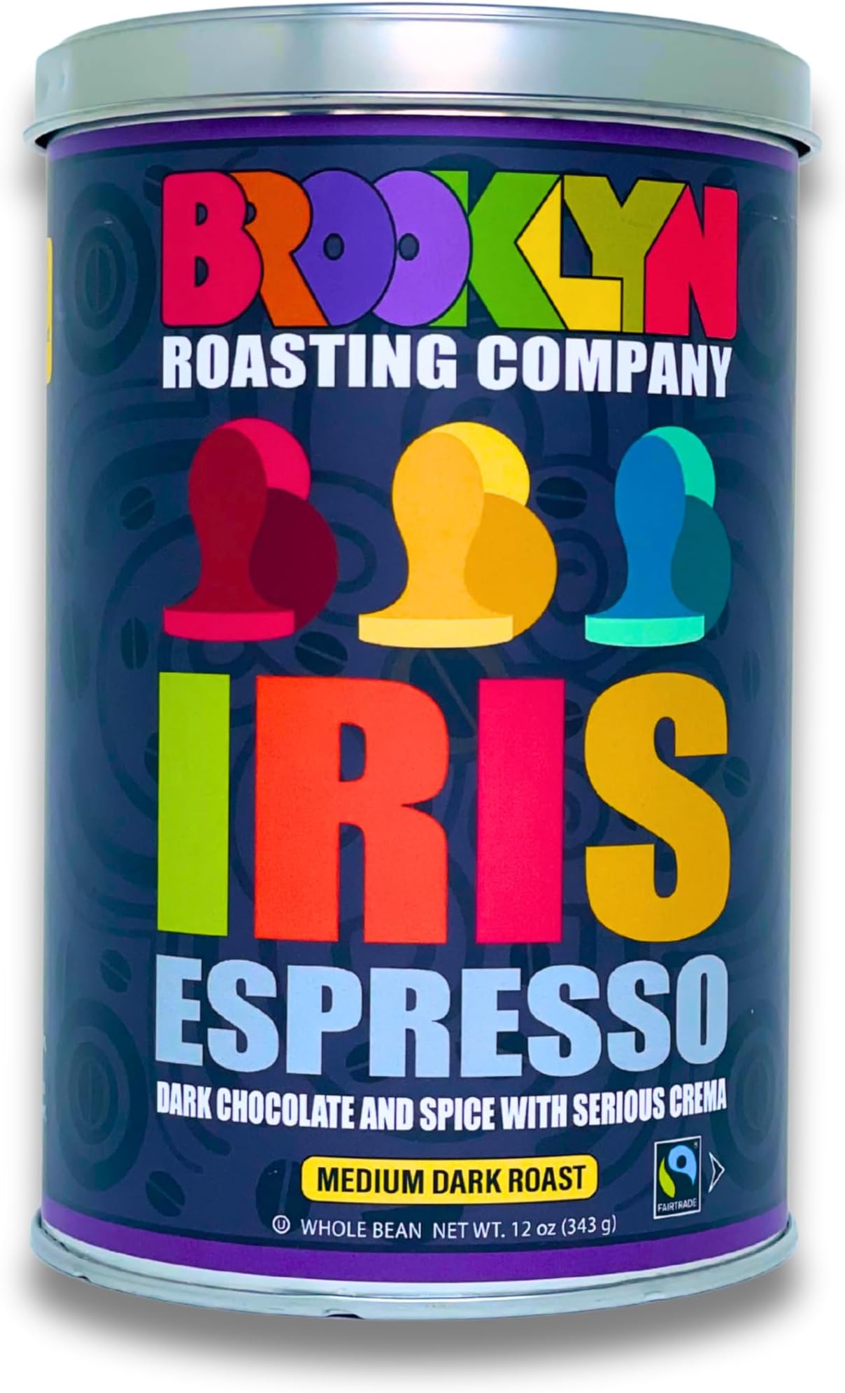 BROOKLYN ROASTING COMPANY - Medium Dark Roast Whole Bean Coffee - Iris Espresso Blend - 12oz Tin - Peru, Brazil, and Ethiopia Coffee - Notes of Root Beer, Honey, Berries, Cocoa - Roasted in NYC