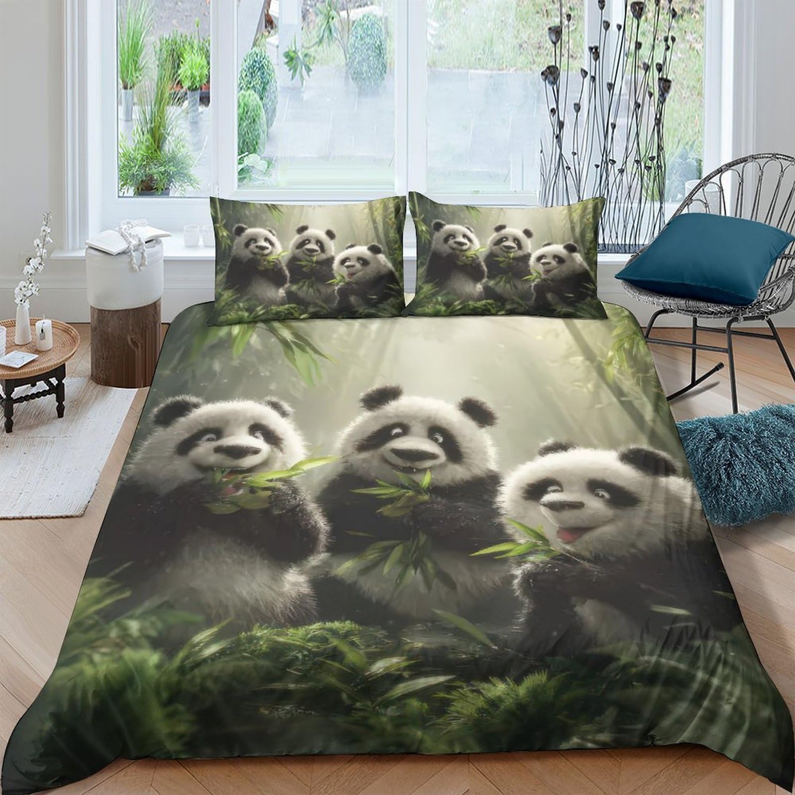 TUFRTGYHN 3D Printed Panda Forest Duvet Cover Microfiber Soft Breathable Bamboo Leaves Bedding Set with 2 Pillowcases for Bedroom Decor Single（135x200cm）