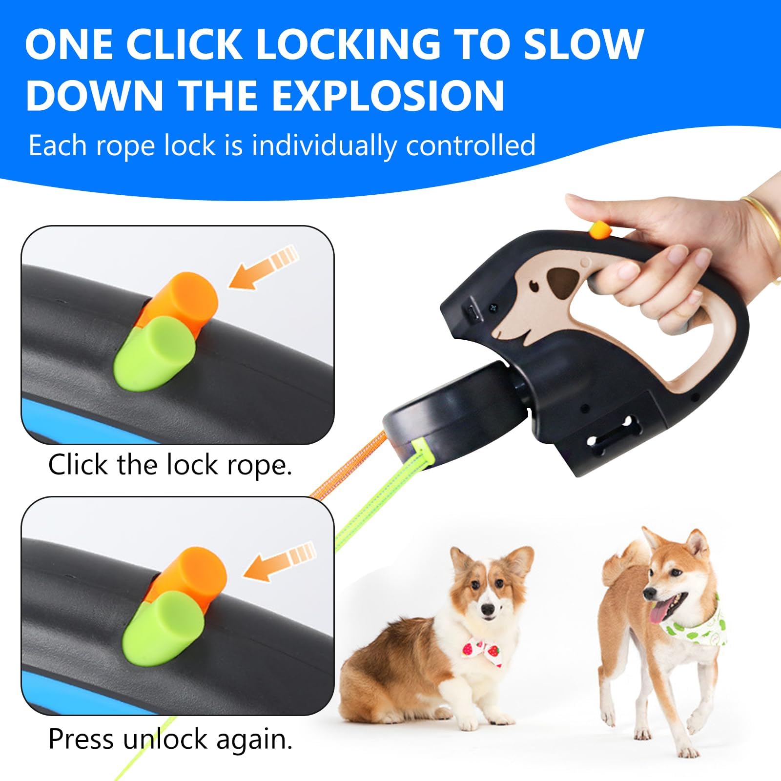 Correa para perros doble para 2 perros, 3 m, correa para perros con luz, doble retráctil, rotatorio de 360°, mango antideslizante, para perros pequeños y medianos