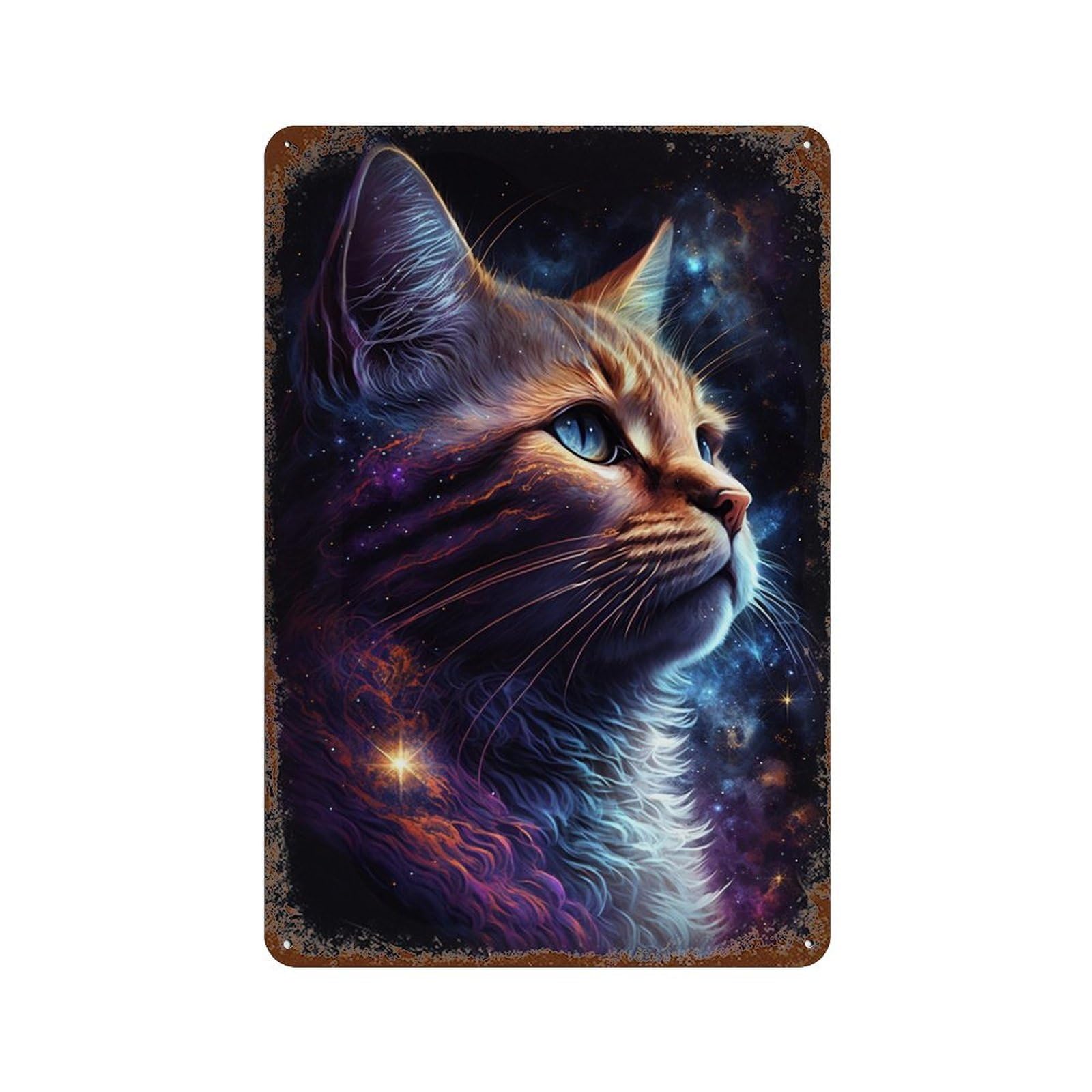 Cosmic Cat Portrait-56 11.8"x7.9" Rustic Tin Plaque, Retro Wall Decor for Garage, Bar And Workshop Decor