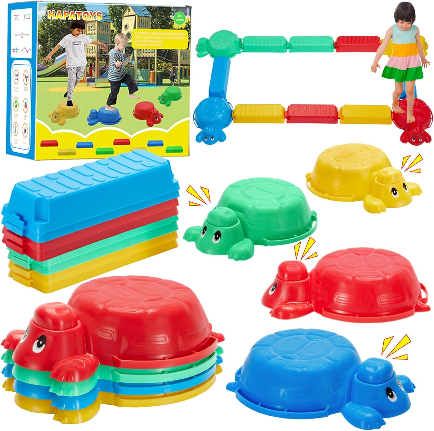 balance beams stepping stones for kids - 12 piece turtle jumping stepping stones balance beams, toddler indoor or outdoor play obstacle course, stocking stuffers for active kid ages 2 3 4 5 6 year old multicolor