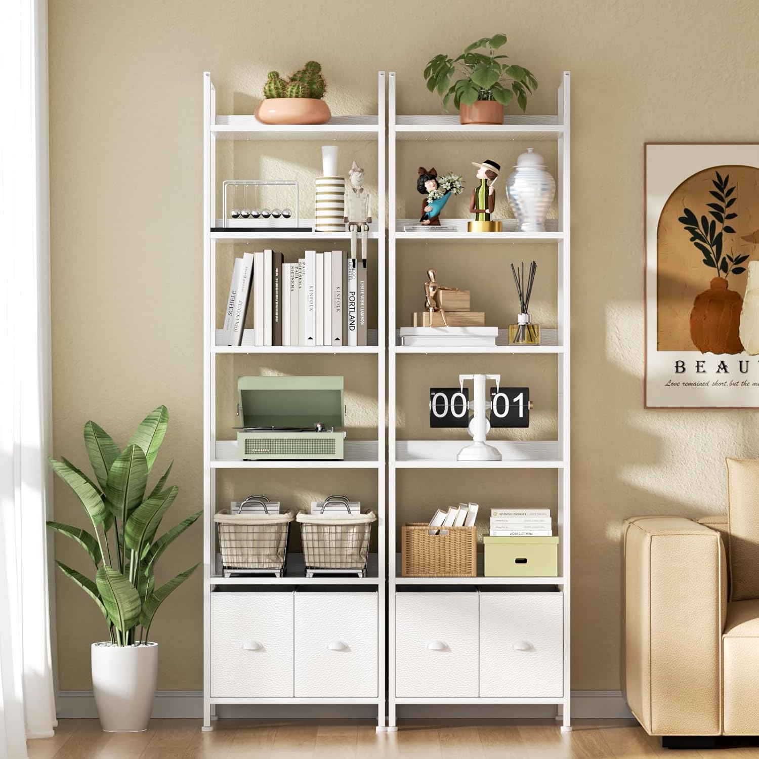 furologee white 6 tier bookshelf with drawers, tall 71" bookcase with shelves, modern wood and metal bookshelves storage organizer, display free standing shelf unit for bedroom, living room, office white 6-tier(1pc)