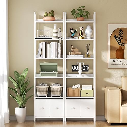 Miniatura 2 de Furologee White 6 Tier Bookshelf with Drawers, Tall 71" Bookcase with Shelves, Modern Wood and Metal Bookshelves Storage Organizer, Display Free