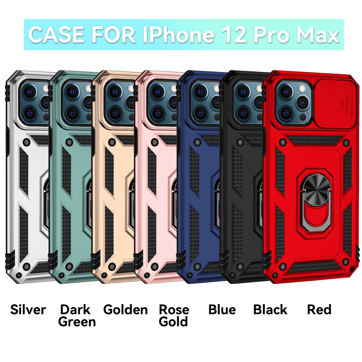 Jiyu Funda Compatible con iPhone 12 Pro MAX 6.7" Carcasă Armor Militar Cubierta de Cámara Deslizante Proteger Fundas con 360 Full Protección Anillo Soporte Silicona Estuche Cover Case,Negro - 3