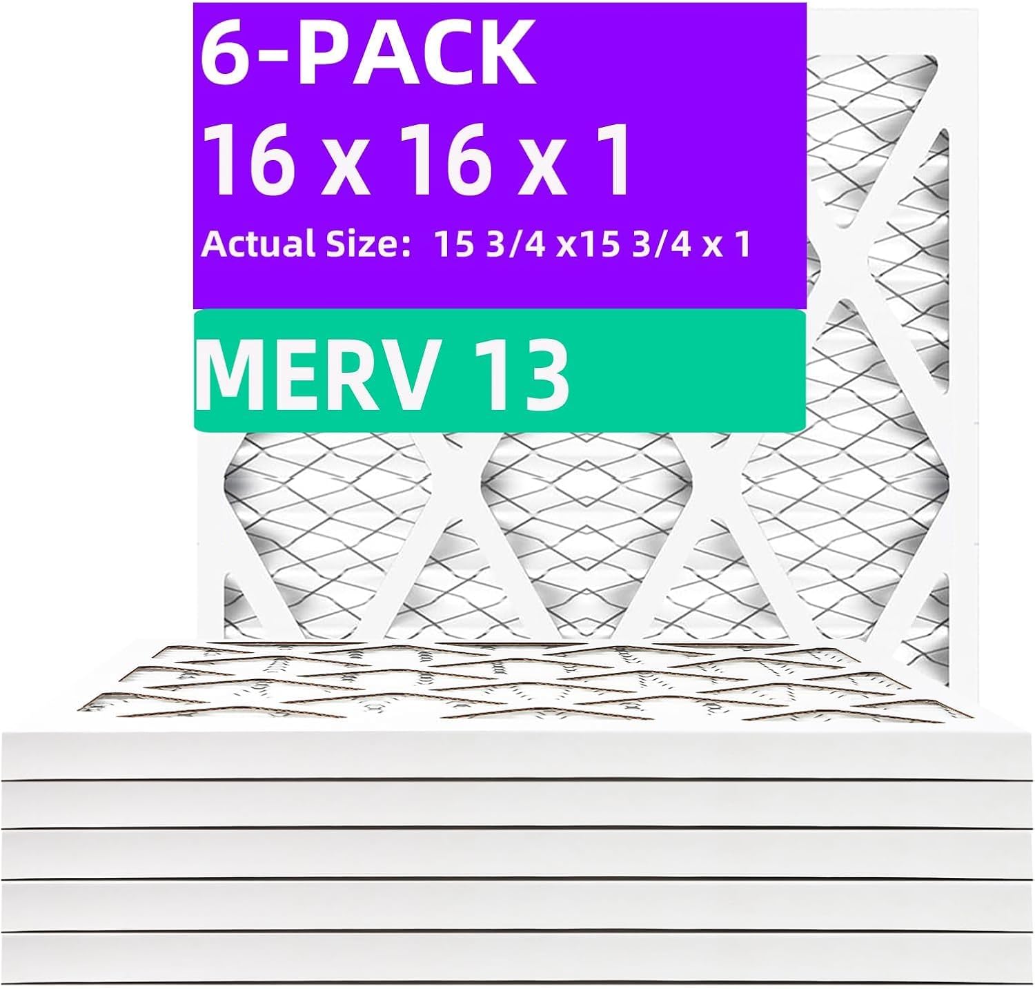 16x16x1 merv 13 (6-pack) pleated air filter (actual size: 15.75"x15.75"x0.75") mpr 1900 & fpr 10, furnace air filters,16x16x1 air filter 16x16x1 6-pack merv-13