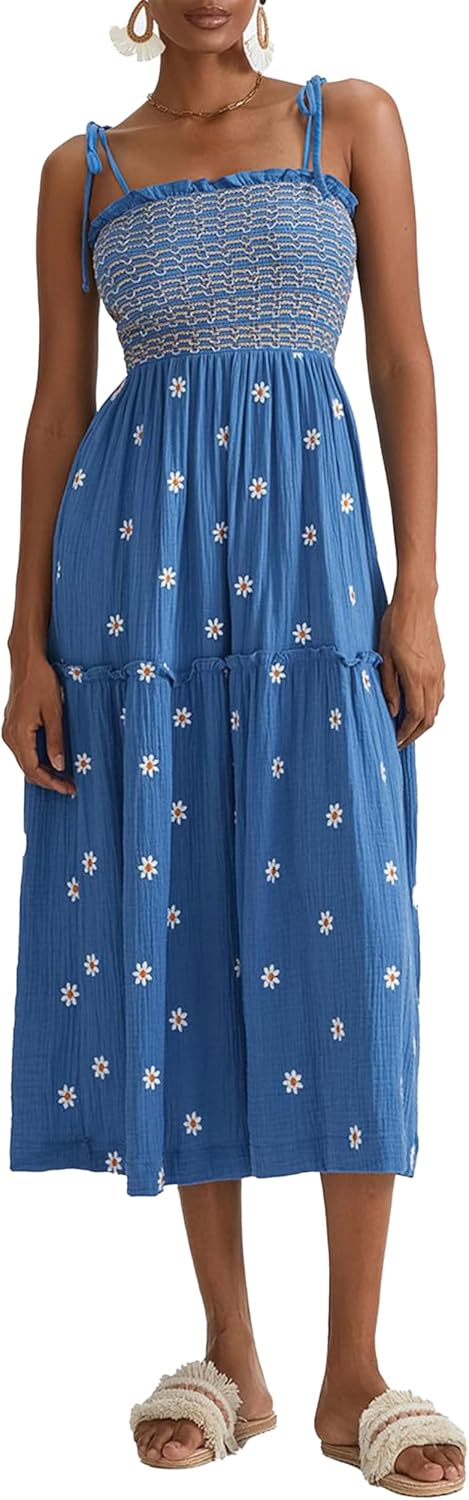 Women Floral Embroidered Maxi Dress Sleeveless Tie Shoulder Smocked Flowy Dress Boho Summer Sundresses with Pockets Medium Blue