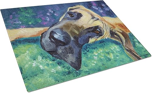 Caroline's Treasures 7434LCB Gran Danés - Tabla de cortar de vidrio duro para el día duro, grande, decorativa, de vidrio templado, tabla de cortar y