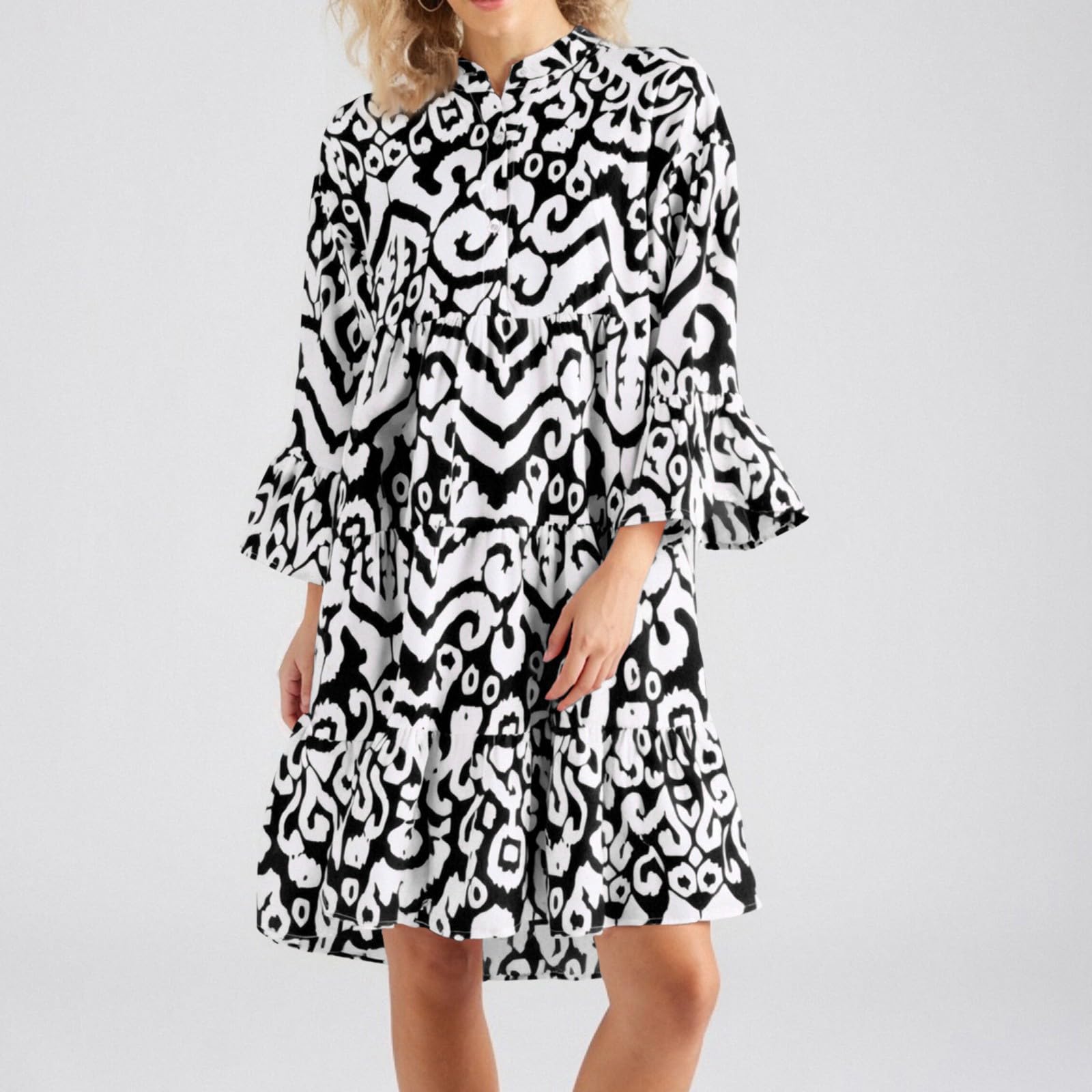 Boho-Kleid Damen Sommer 3/4 Ärmel Sommerkleid Damen Knielang A Linie Rüschen Bohemian Kleider Elegant Sommerkleider Leicht Und Luftig Blusenkleid V Ausschnitt Mit Knöpfen Strandkleid Frauen
