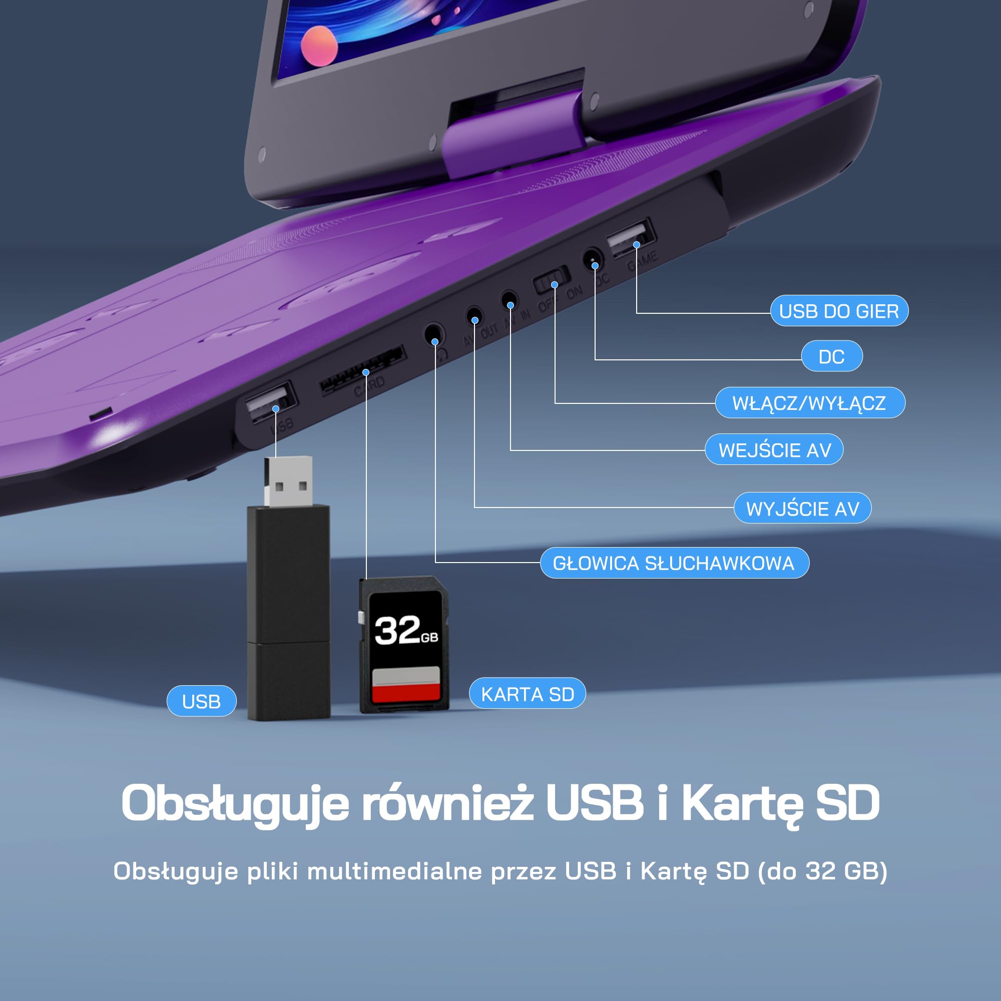WOLFANG Przenośny odtwarzacz DVD 17,5" z dużym wyświetlaczem HD 15,6", akumulator 5000 mAh, bez ograniczeń regionalnych, dwa głośniki stereo, obsługuje USB/kartę SD/Sync TV, projektor, fioletowy