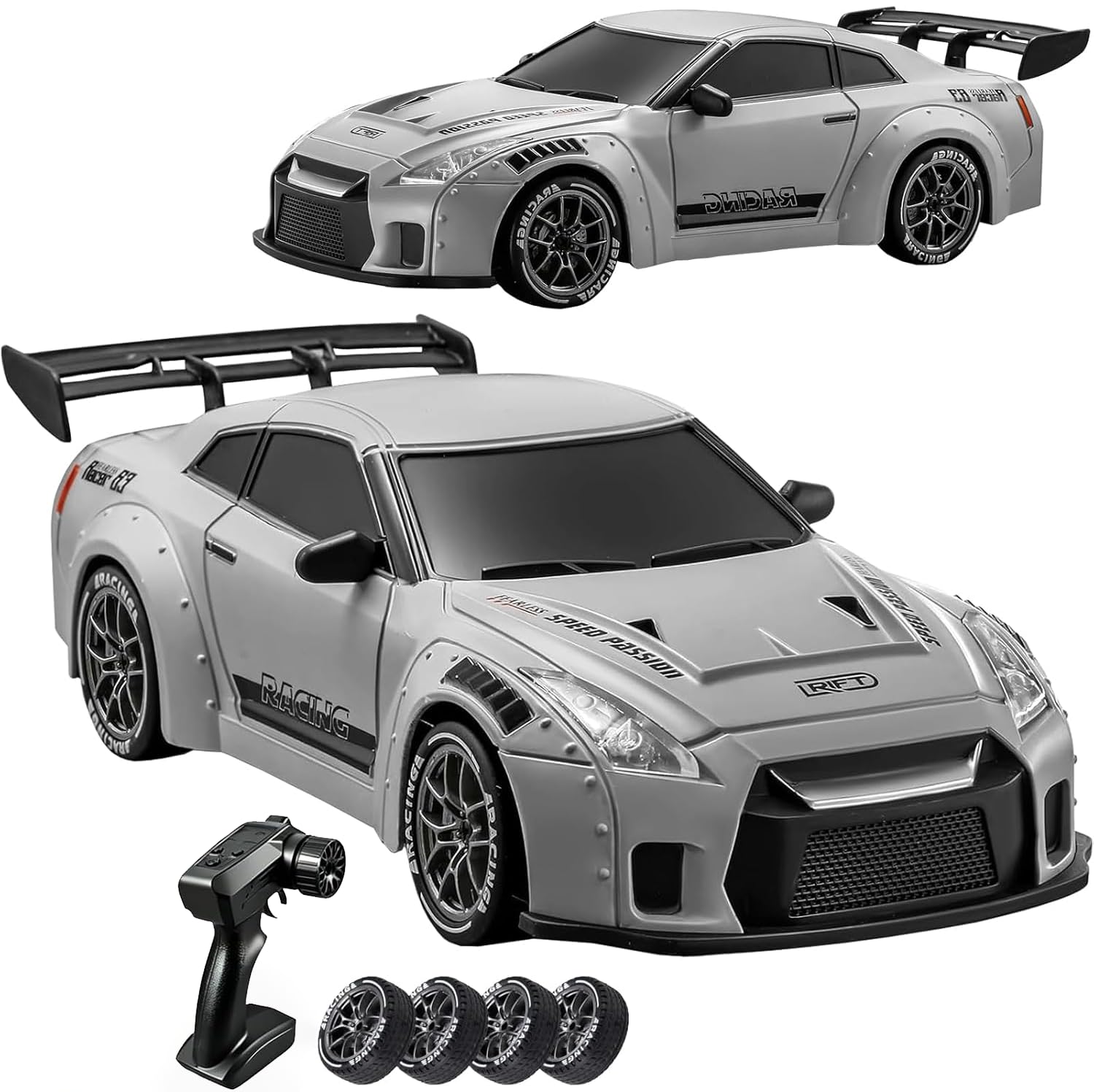 RC Drift Car, 1:24 Scale Remote Control Vehicle with LED Lights,Drifting Tires＆Two Batteries, Racing Sports Toy Idea Gift for Adults Boys Girls and Kids Galactic Silver