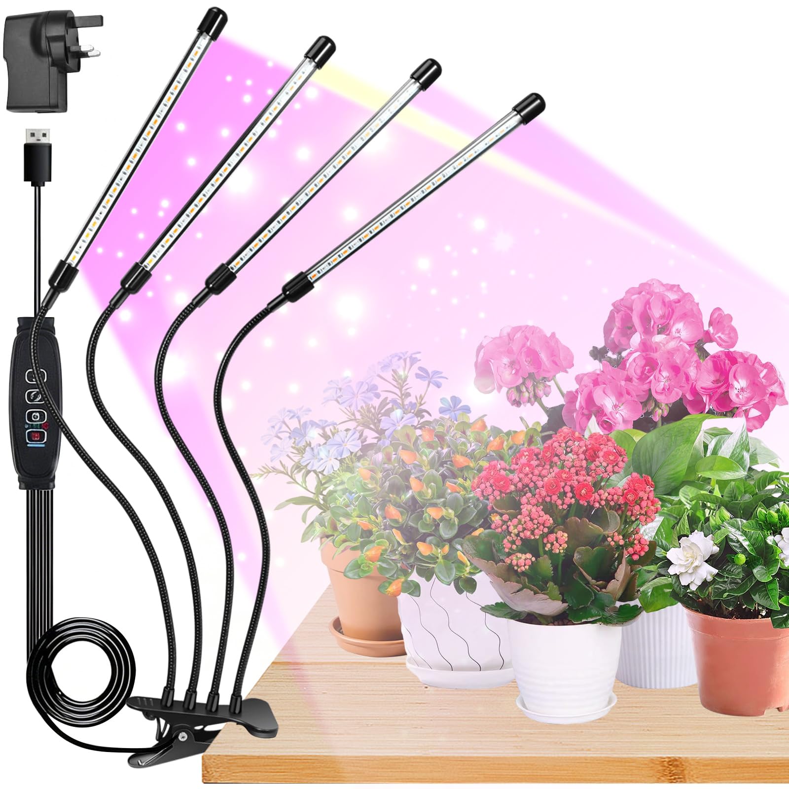 VOXVEPHY 4-Head LED Plant Grow Light, 10-Level Dimmable, Timer, UK Plug