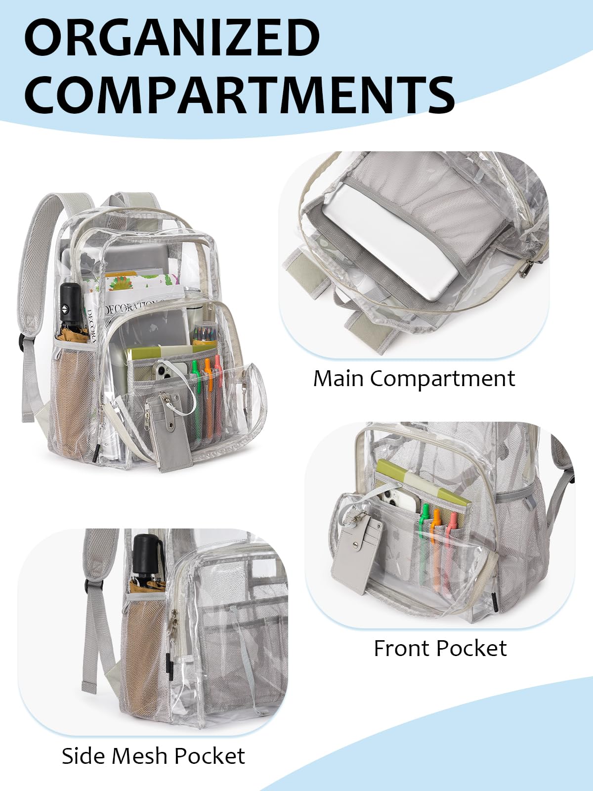 Zaino trasparente per la scuola, 17 pollici grande resistente TPU trasparente Bookbag per ragazzi ragazze adulti per college casual, Grigio, Large, Trasparente