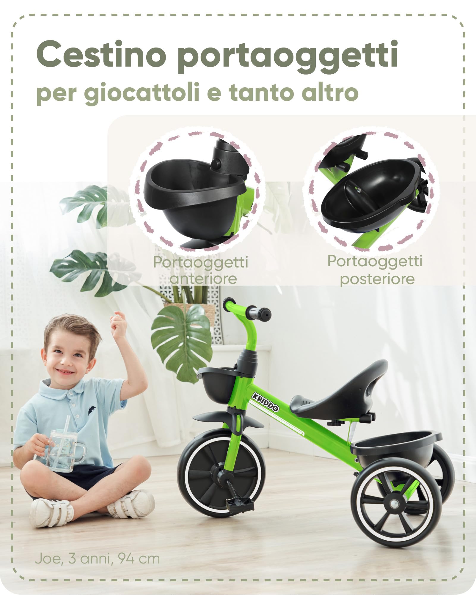 KRIDDO Triciclo per Bambini dai 24 mesi ai 5 anni, Tricicli per bambini da 2,5 a 5 anni, Triciclo Evolutivo da 2 a 4 anni, con Cestello Portaoggetti, Ideale da regalare, Verde