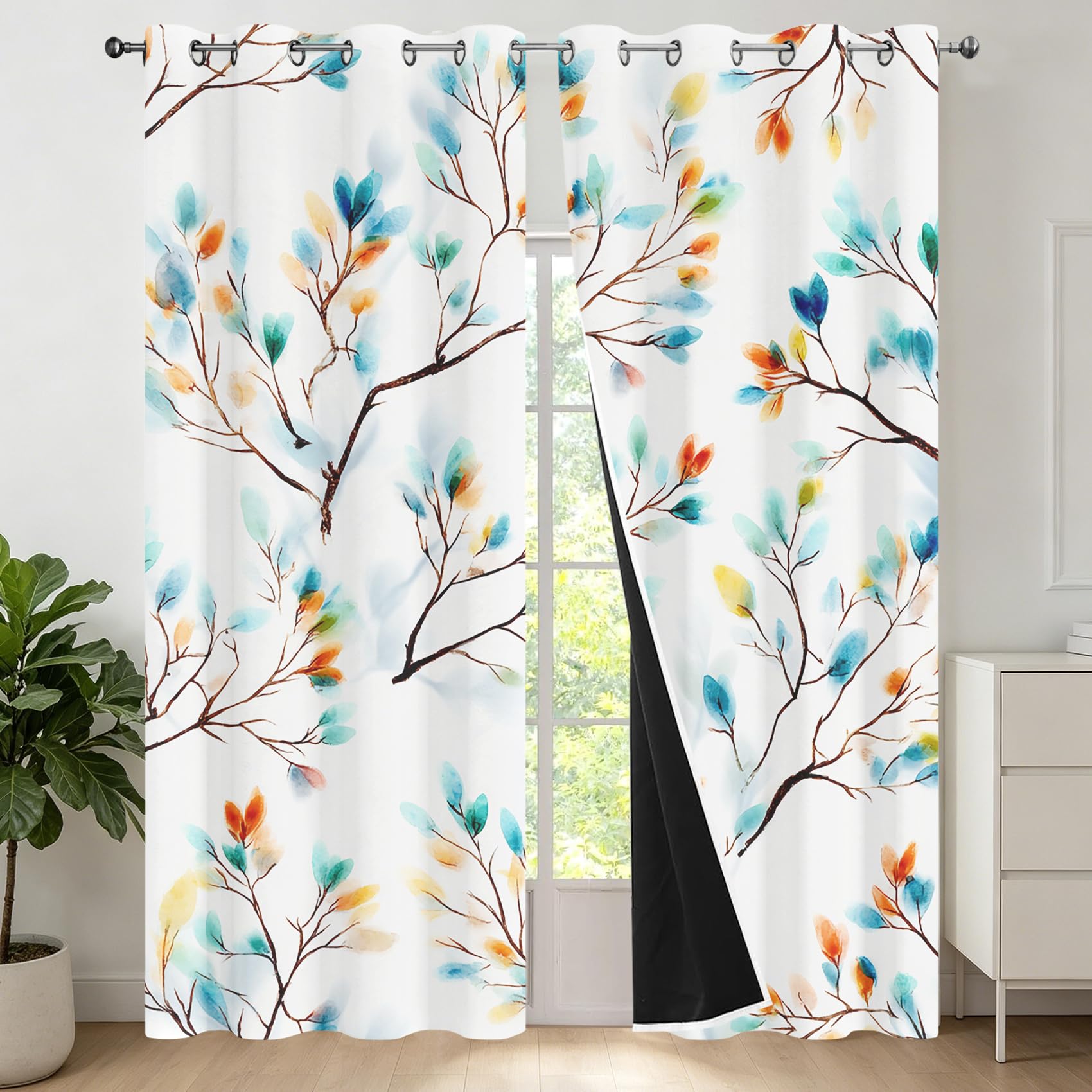 Generisch Bunt Blätter Vorhänge Blickdicht, Boho Blume Gardinen mit Ösen für Wohnzimmer Schlafzimmer, Thermovorhang Kälteschutz Fenster 2er Set H 137 x B 117 - Sd&i294