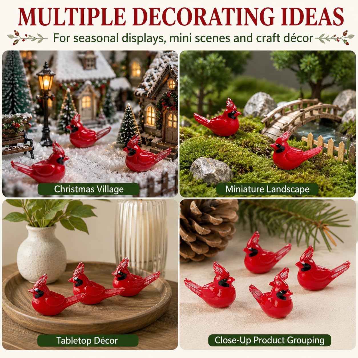 50Pcs Glow in Dark Mini Resin Red Cardinal Bird Figurines - Tiny Cardinal Christmas Ornaments, Miniature Garden Decor, Crafts Birds, Cake Topper, Gift with Storage Box