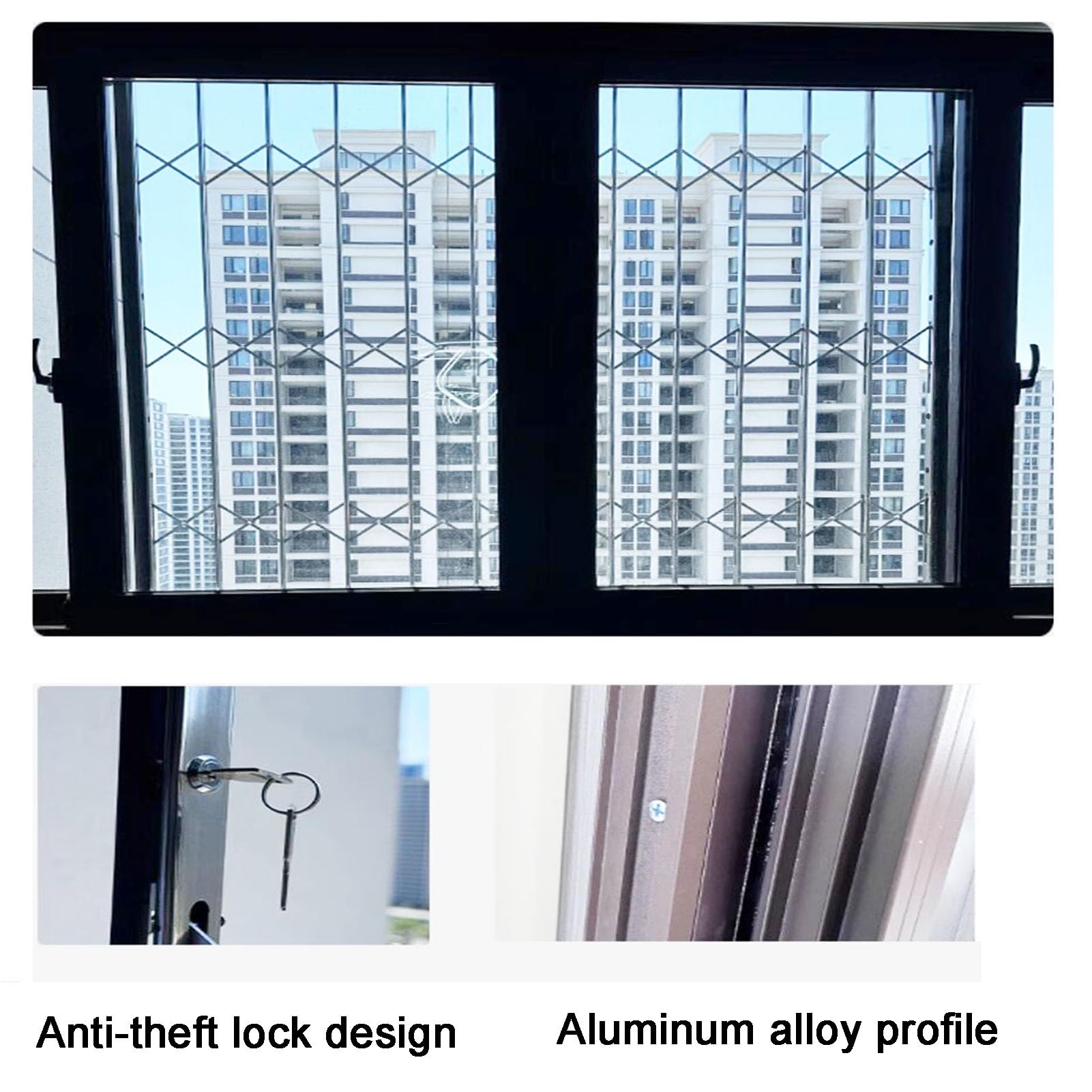 Protector de barras deslizantes horizontales plegables para ventana, parrilla de seguridad segura para el hogar para niños y prevención de robos (100 x 110 cm), valla duradera para ventana al aire